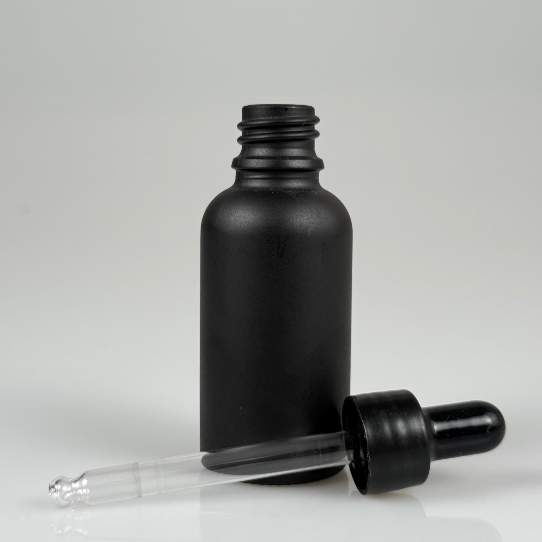 30 CC MAT SİYAH CAM DAMLALIKLI ŞİŞE - SİYAH EMZİK + SİYAH DÜZ KAPAK + CAM PİPET TAKIM - 30 ML MAT SİYAH DAMLALIKLI ŞİŞE SETİ