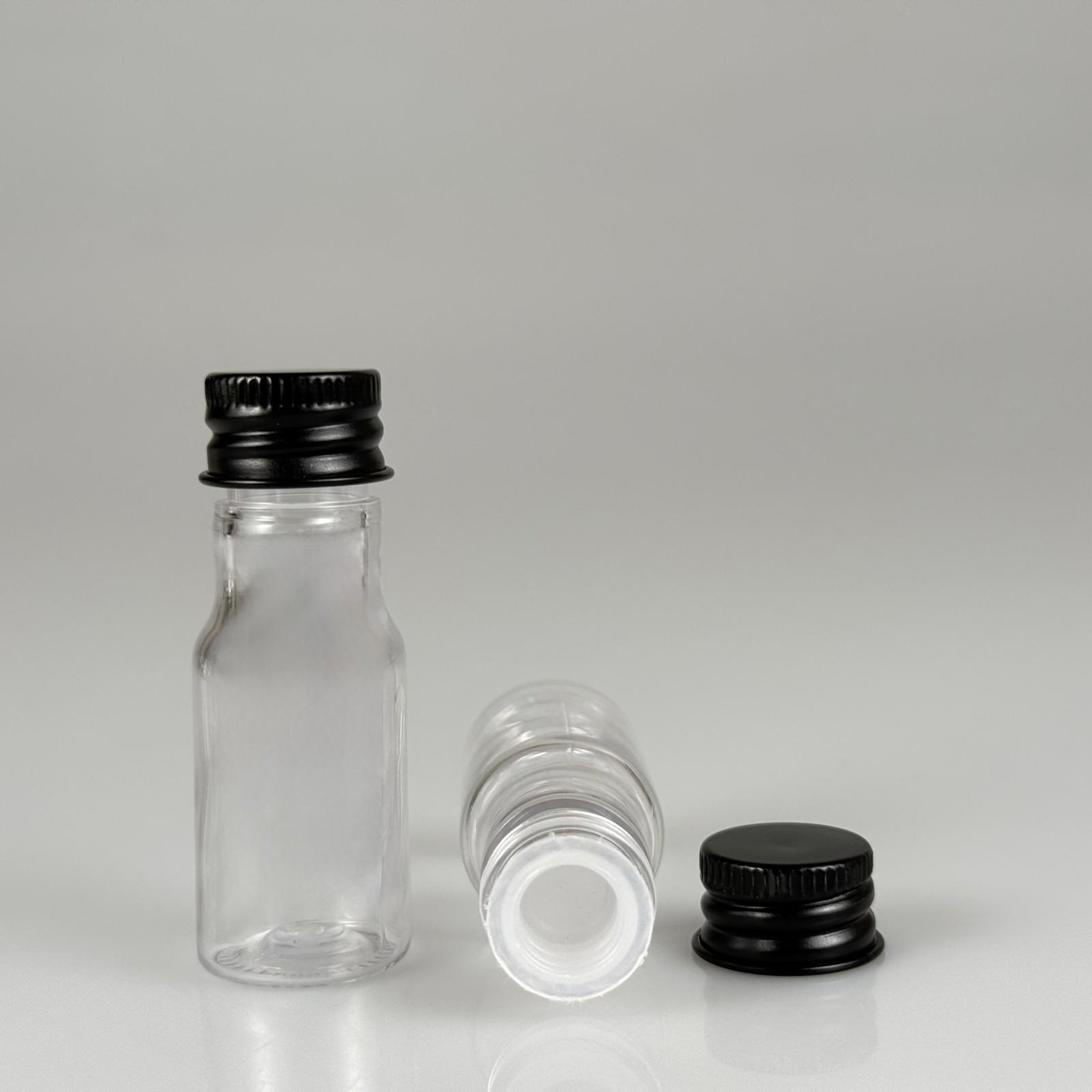 10 CC ŞEFFAF PET ŞİŞE + KÖPÜK CONTALI SİYAH ALÜMİNYUM METAL KAPAKLI + KÖR TIPALI TAKIM - 10 ML PLASTİK ŞİŞE (SİLME 15 CC)
