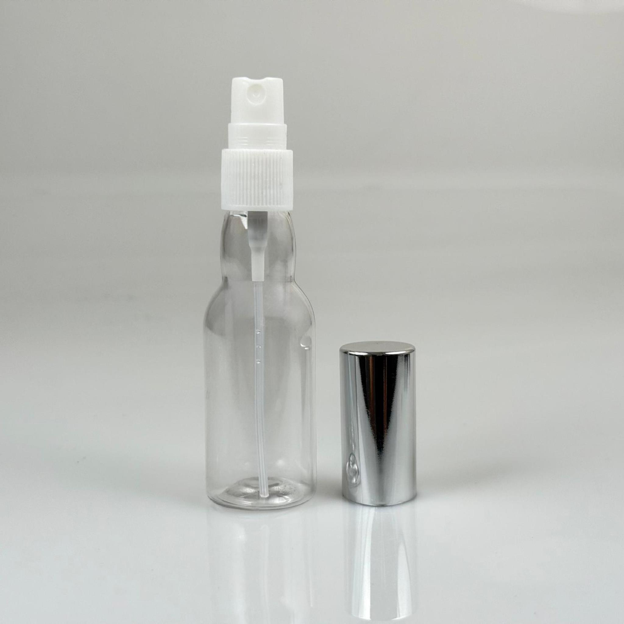 40 ML PET KOLONYA, PARFÜM VB ŞİŞELERİ - METAL ALÜMİNYUM GÜMÜŞ KAPAK + VİDALI SPREY + 40 CC BOĞAZLI ŞİŞE SET TAKIM