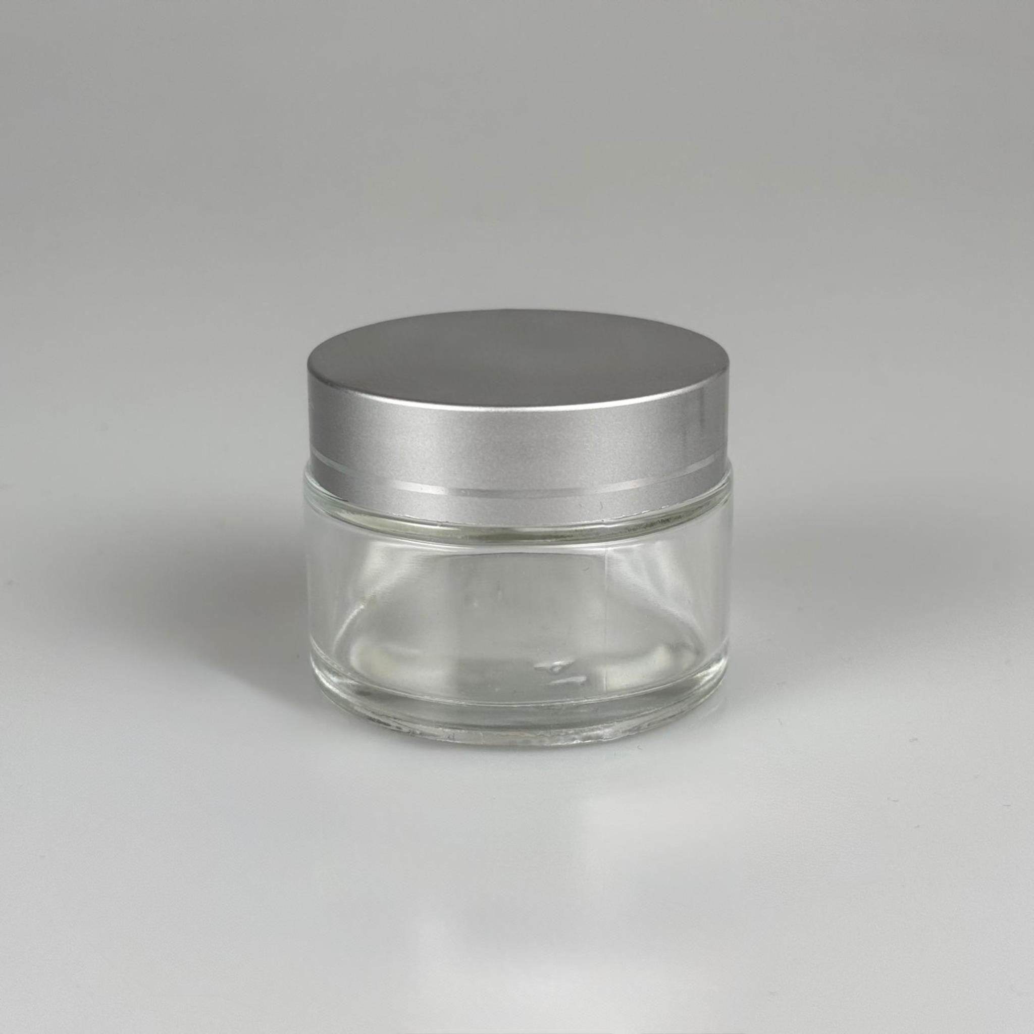 50 CC ŞEFFAF CAM KREM KAVANOZU + YALDIZLI GÜMÜŞ KAPAK + İÇ TIPA - 50 ML Kozmetik ve Bakım Ürünleri İçin Cam Kavanozları
