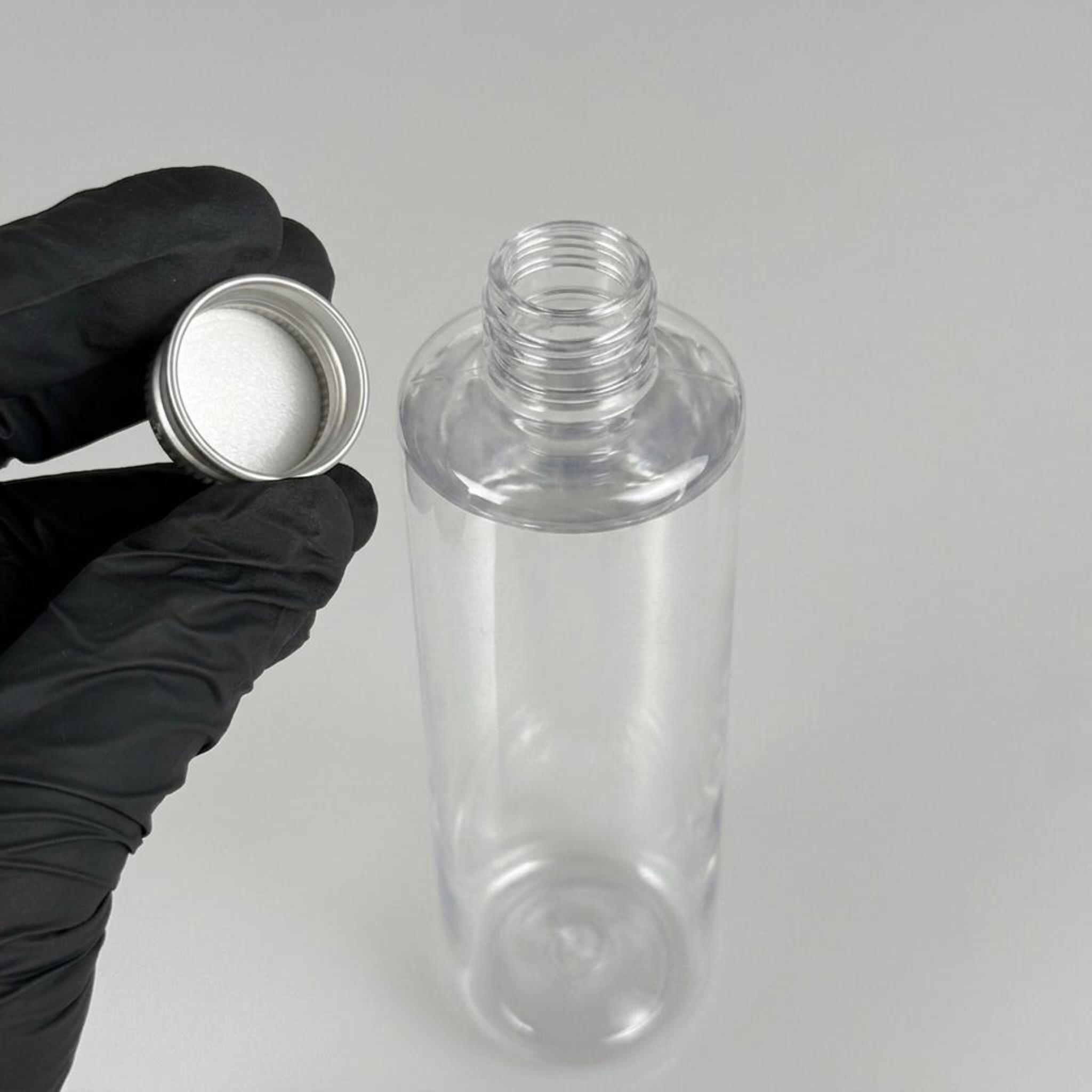 250 CC ŞEFFAF SİLİNDİR MODEL PLASTİK ŞİŞE (24 AĞIZ) + KÖPÜK CONTALI GÜMÜŞ METAL ALÜMİNYUM KAPAK - 250 ML KAPAKLI PLASTİK ŞİŞELER