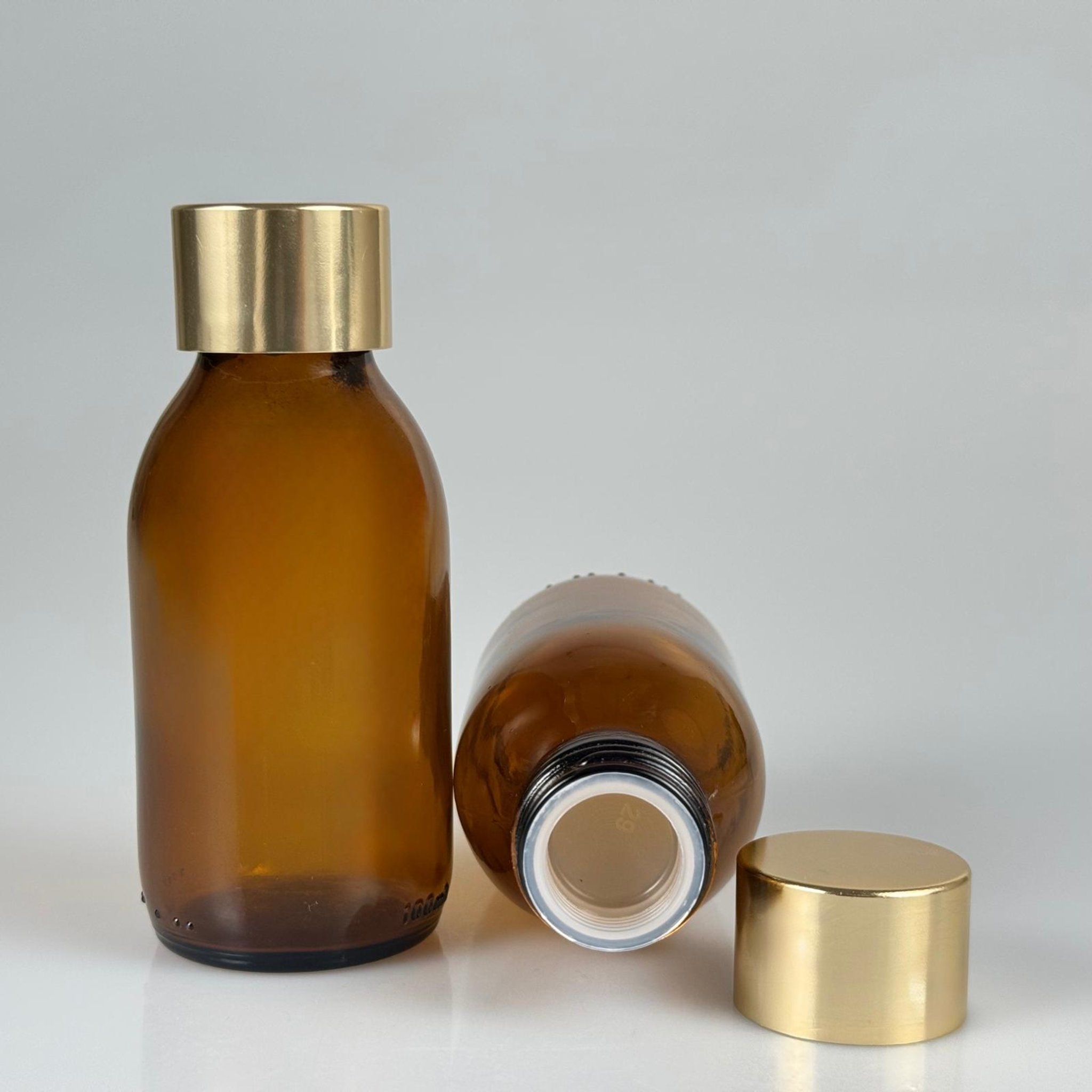 100 CC AMBER CAM ŞİŞE  + ALÜMİNYUM KAPLAMALI GOLD KAPAKLI + KÖR TIPALI TAKIM - 100 ML KAHVERENGİ CAM ŞİŞE