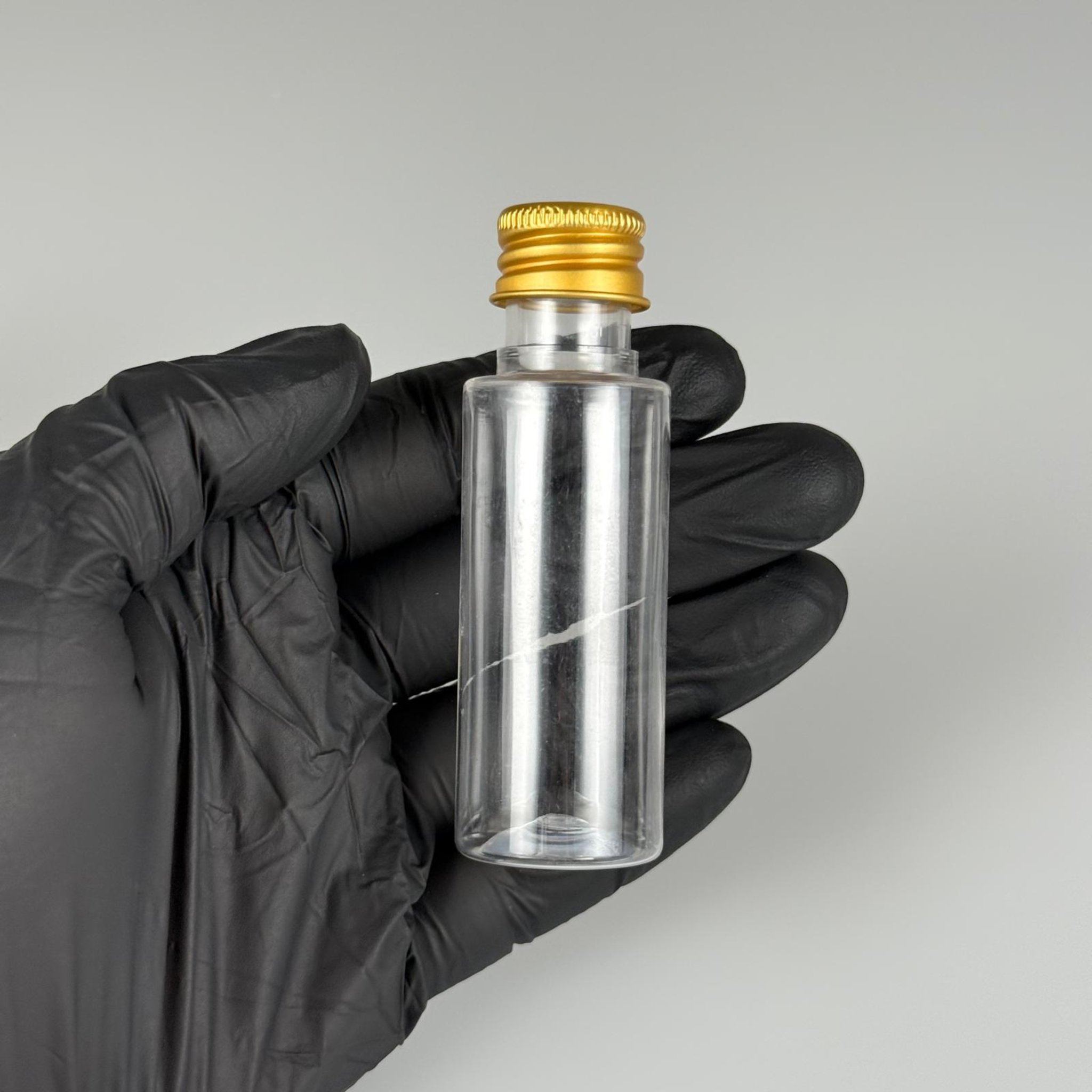 30 CC ŞEFFAF SİLİNDİR UZUN MODEL PET ŞİŞE + KÖPÜK CONTALI GOLD ALÜMİNYUM METAL KAPAKLI + DAMLALIKLI KOLONYA TIPALI TAKIM - 30 ML PLASTİK ŞİŞE