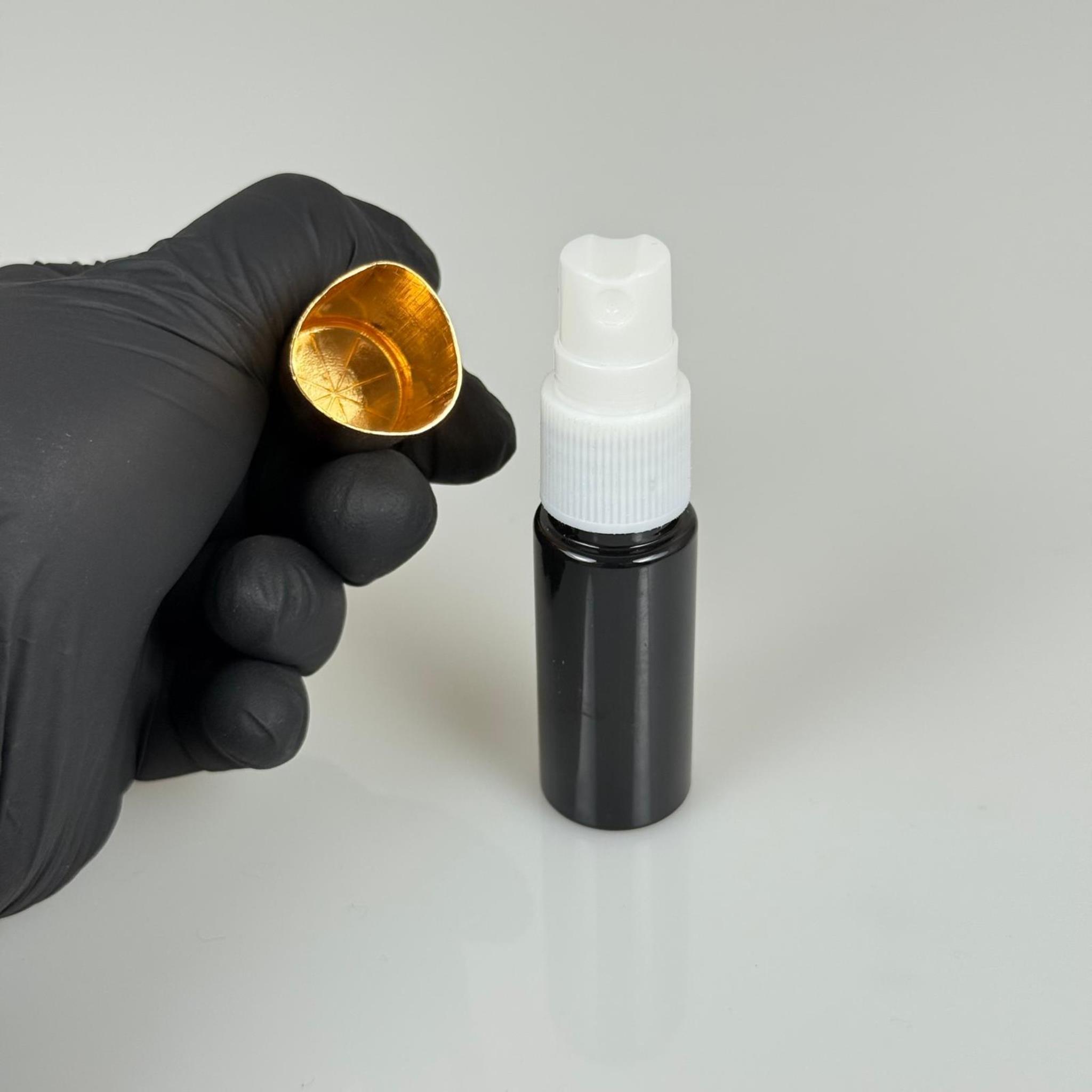 15 ML PET KOLONYA, PARFÜM VB ŞİŞELERİ - METAL ALÜMİNYUM GOLD KAPAK + VİDALI SPREY + 15 CC SİYAH ŞİŞE SET TAKIM