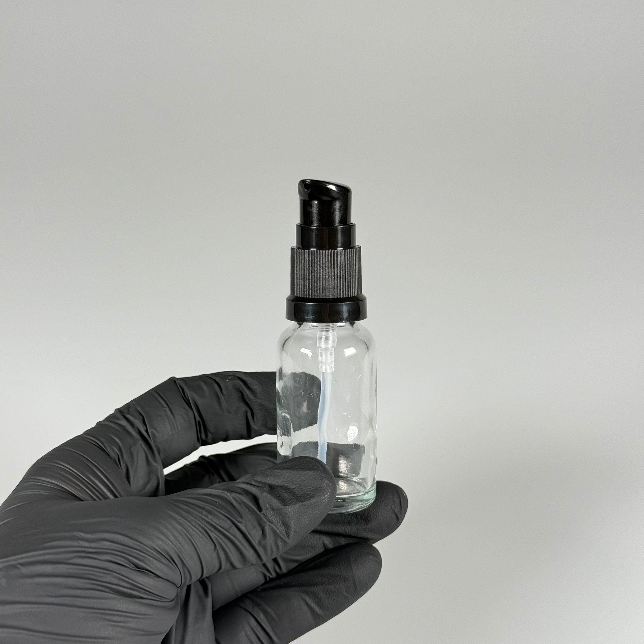 20 CC ŞEFFAF CAM ŞİŞE - SIZDIRMAZ ETEKLİ SİYAH LOSYON POMPALI TAKIM - 20 ML LOSYON ŞİŞESİ - YAĞ, KREM GİBİ YOĞUN KIVAMLI SIVILAR İÇİN CAM AMBALAJ