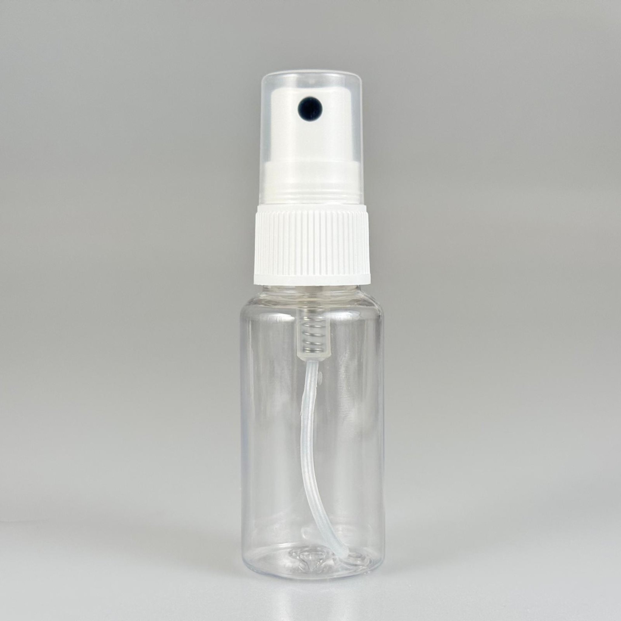 SPREYLİ MİNİ BOŞ PET ŞİŞE 30 ML - 30 CC ŞEFAF (8 GR) PET ŞİŞE + SİYAH NOKTALI BEYAZ SPREY