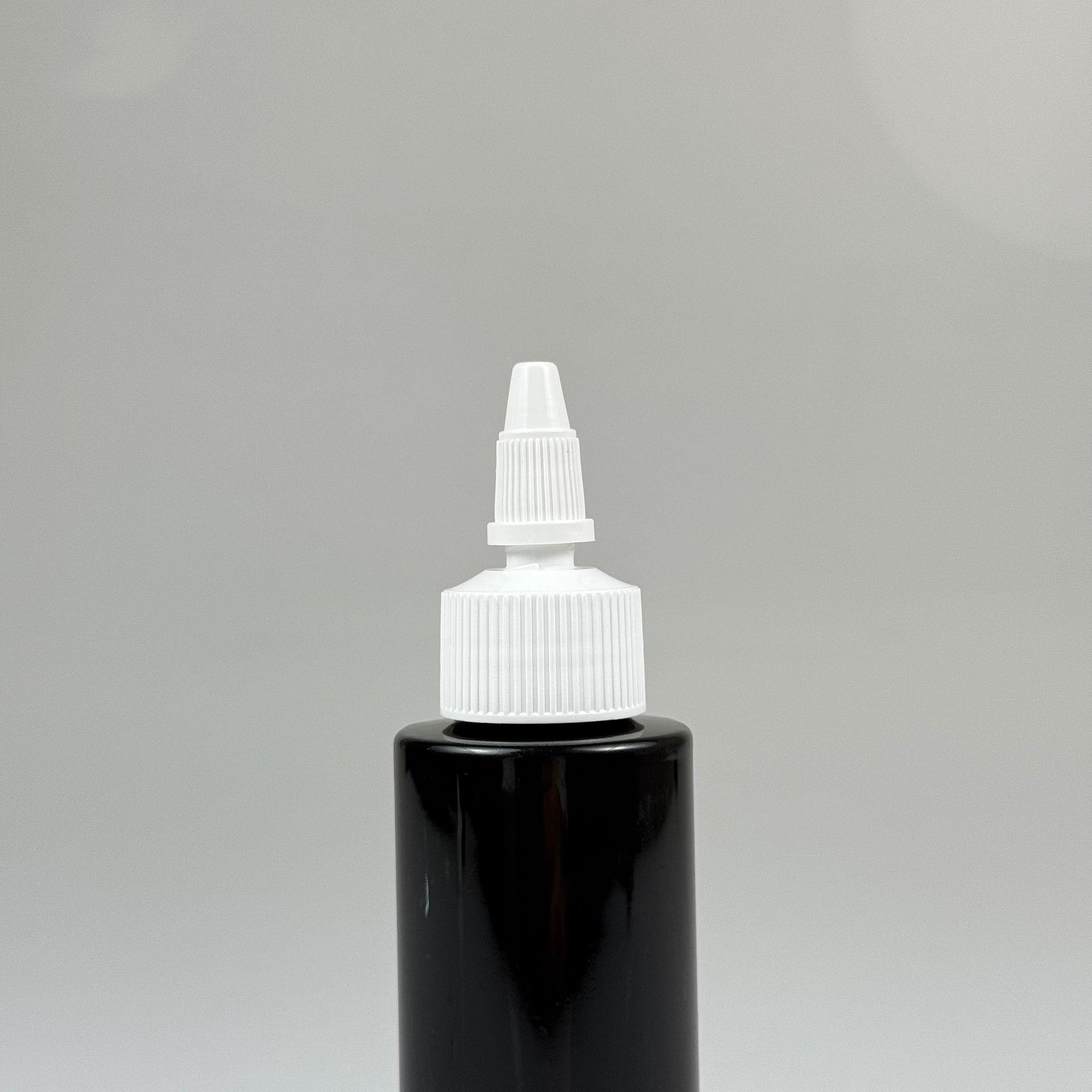 YAĞ, SOS, ACI SOS, SİRKE, SRIRACHA, MÜREKKEP, TUTKAL AKITICI VB BOŞ ŞİŞELERİ - BEYAZ SİVRİ TWİST AKITICI KAPAK + 100 ML KÜT SİYAH SERT PET PLASTİK ŞİŞE TAKIM