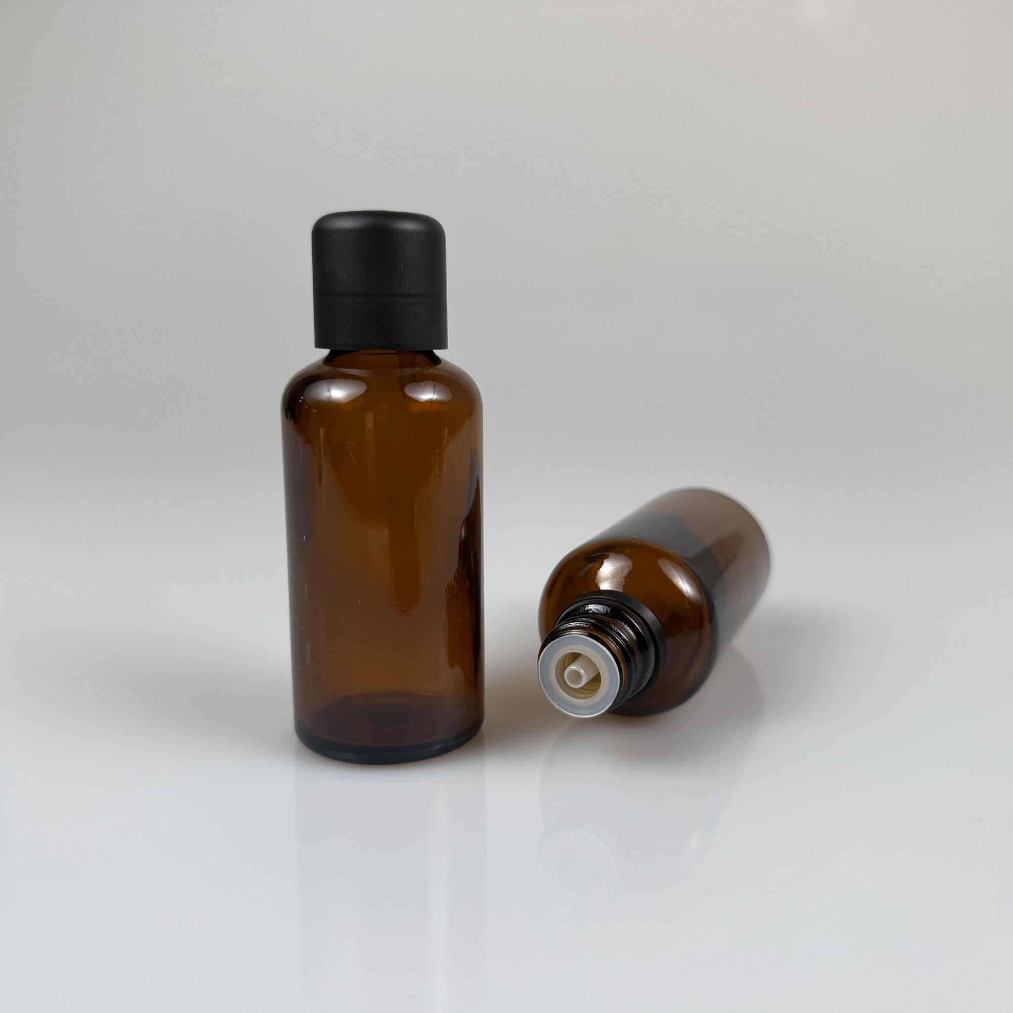 50 CC AMBER CAM ŞİŞE + İÇTEN DAMLALIKLI ÇOCUK KİLİTLİ SİYAH KAPAK - KAHVERENGİ 50 ML KİLİT KAPAKLI DAMLATMALI ŞİŞE