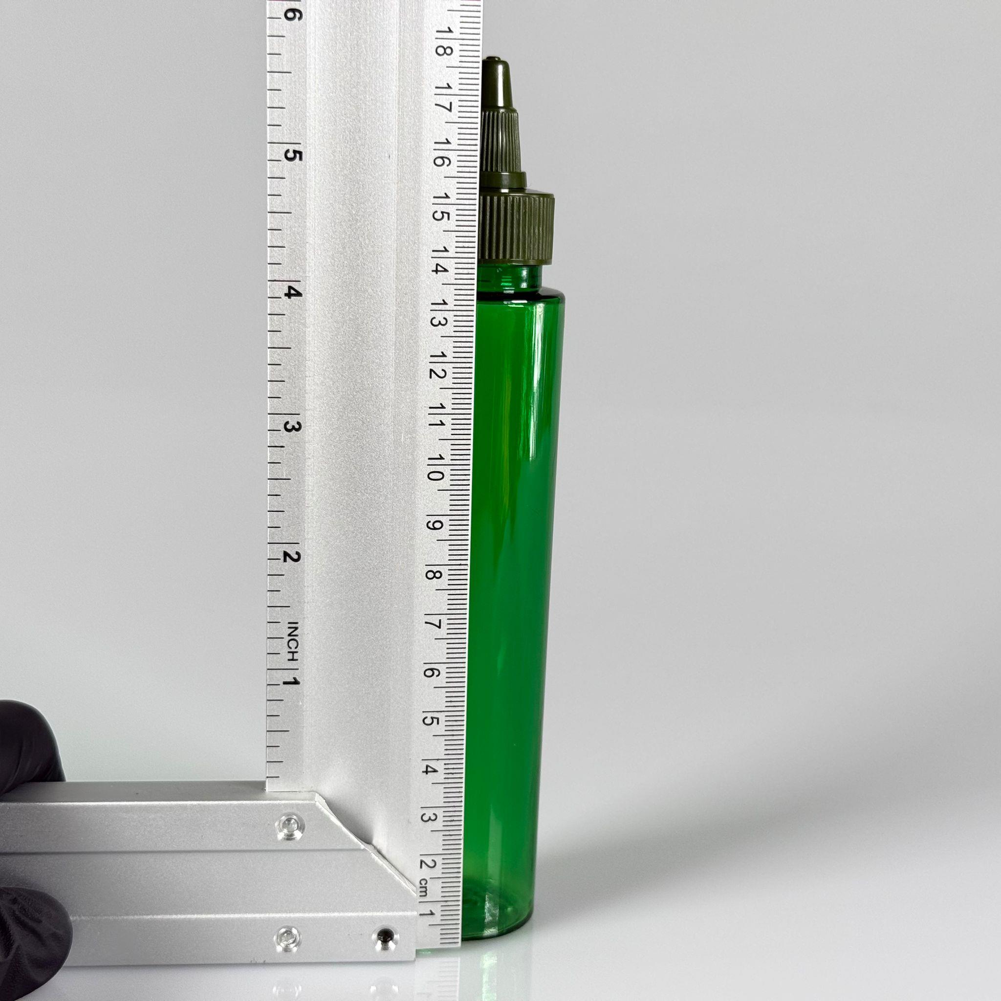 100 CC UZUN SİLİNDİR YEŞİL PET ŞİŞE (24 GR)  - YEŞİL TWİST SİVRİ ASANSÖR AKITICI KAPAKLI - 100 ML BİBERİYE SUYU, LAVANTA YAĞI, SAÇ SERUM, TONİK VB İÇİN PLASTİK KOZMETİK AMBALAJLARI