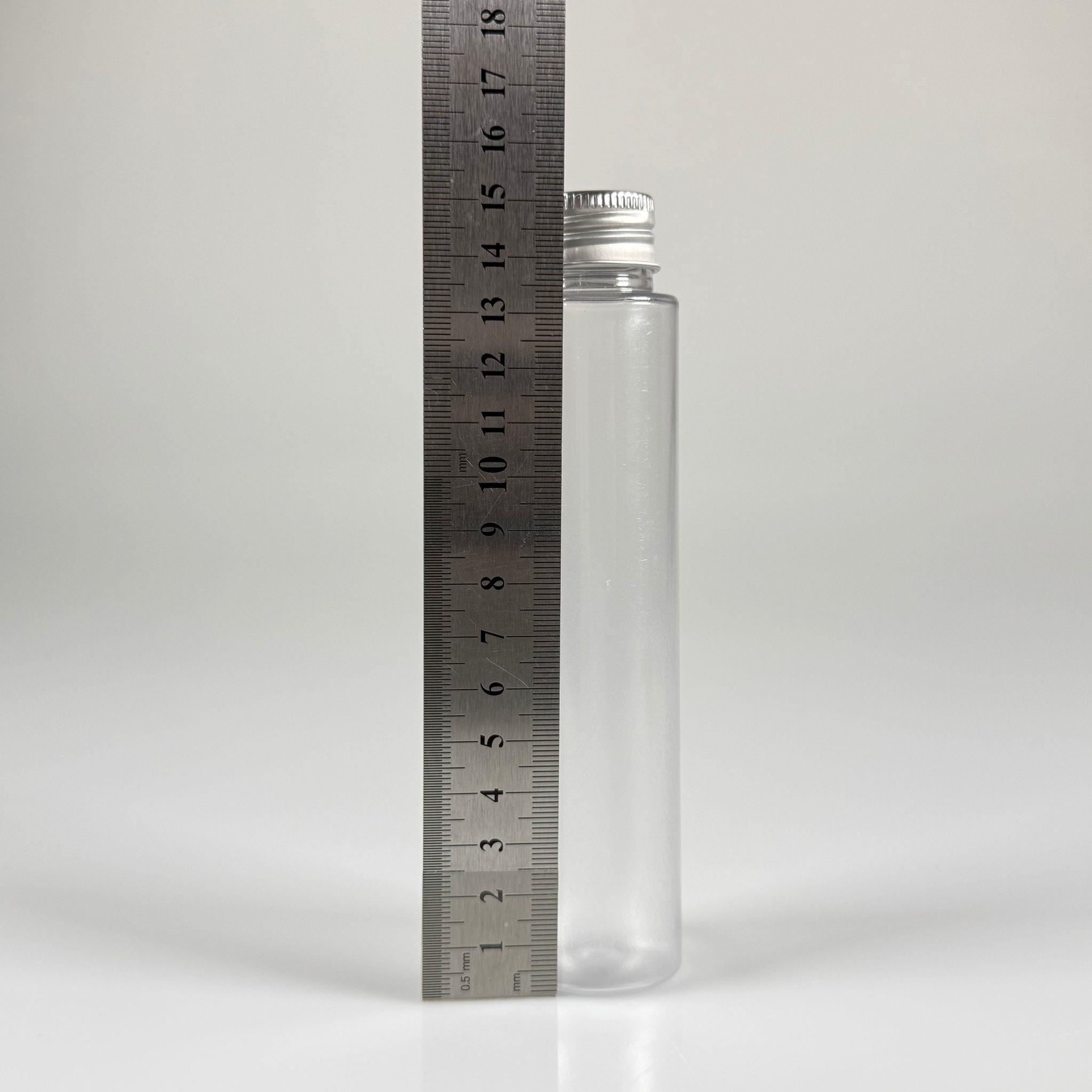 100 CC UZUN SİLİNDİR BUĞULU PET ŞİŞE (24 GR)  - CONTALI METAL GÜMÜŞ KAPAKLI - 100 ML BİBERİYE SUYU, LAVANTA YAĞI, SAÇ SERUM, TONİK VB İÇİN PLASTİK KOZMETİK AMBALAJLARI