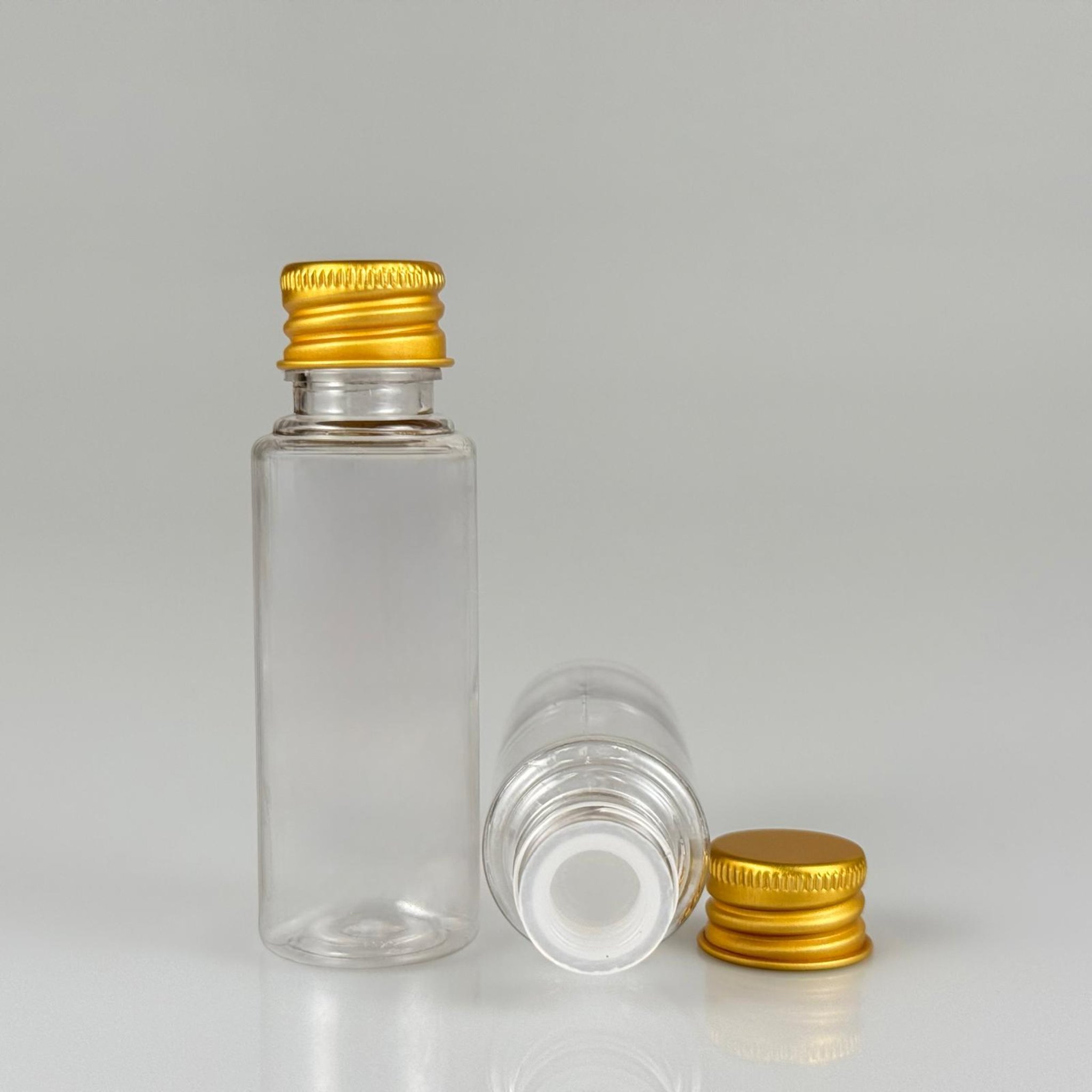 30 CC ŞEFFAF  PET SHOT ŞİŞE - KÖPÜK CONTALI GOLD ALÜMİNYUM METAL KAPAKLI + KÖR TIPALI TAKIM - 30 ML PLASTİK ŞİŞE