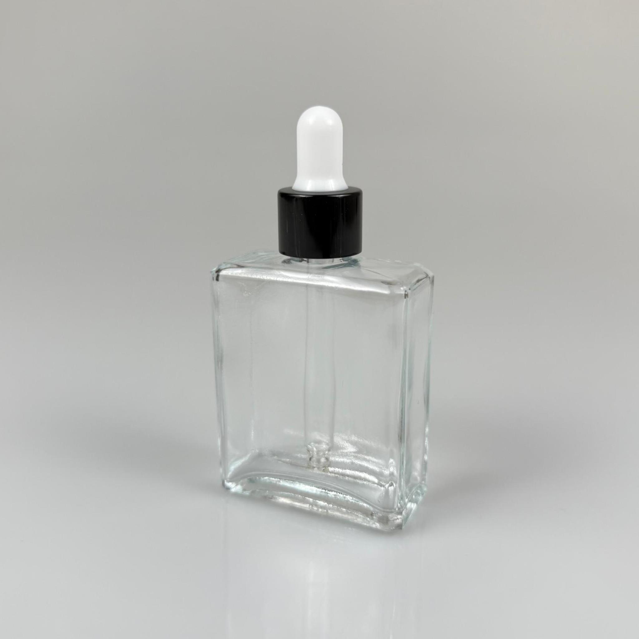 40 CC YASSI DİKDÖRTGEN KÖŞELİ KISA PRESTİJLİ CAM DAMLALIKLI ŞİŞE - BEYAZ EMZİK - SİYAH METALİK KAPAK - 40 ML CAM DAMLALIKLI ŞİŞE - DAMLALIKLI BOŞ ŞİŞE