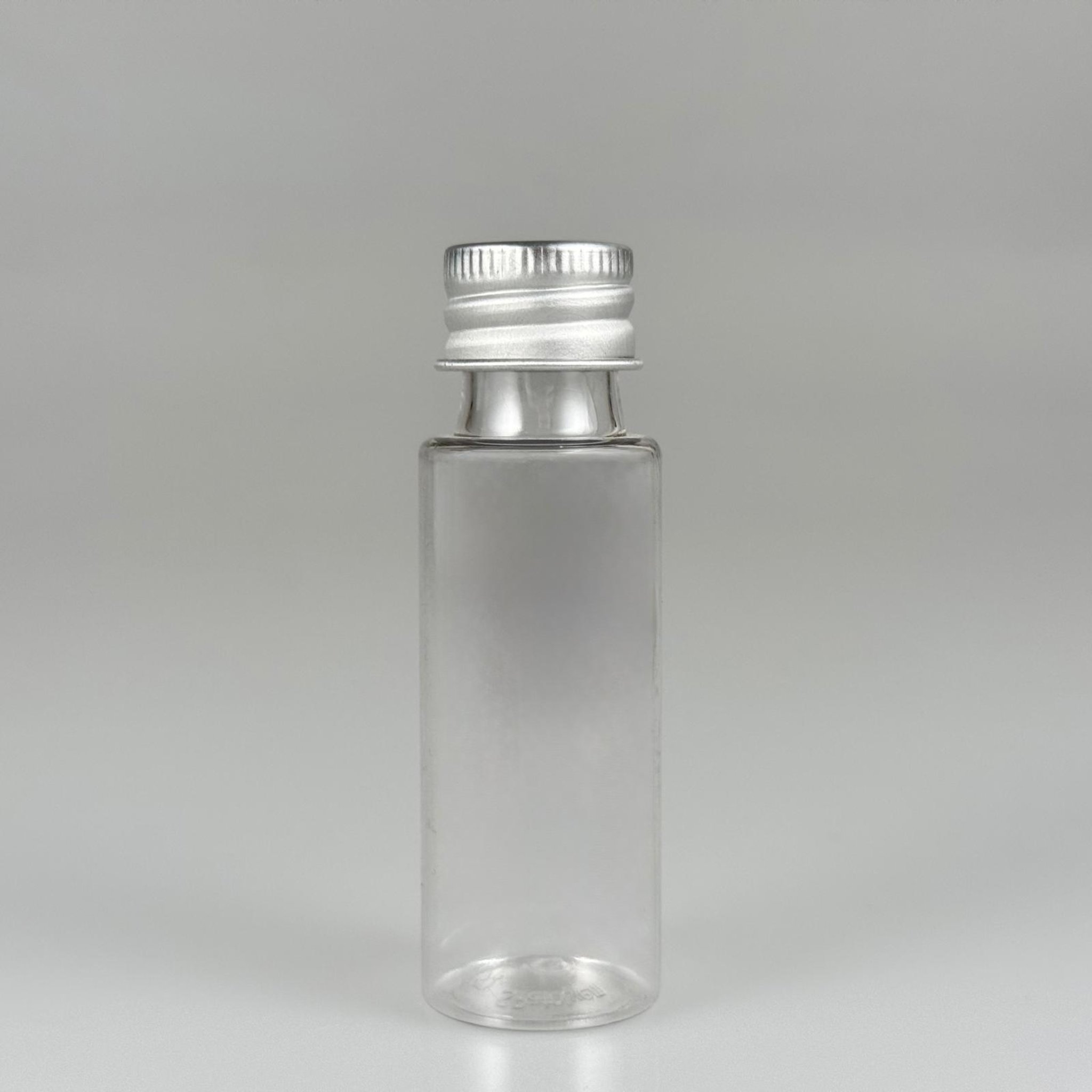 20 CC ŞEFFAF PET ŞİŞE + KÖPÜK CONTALI GÜMÜŞ ALÜMİNYUM METAL KAPAKLI TAKIM - 20 ML PLASTİK ŞİŞE