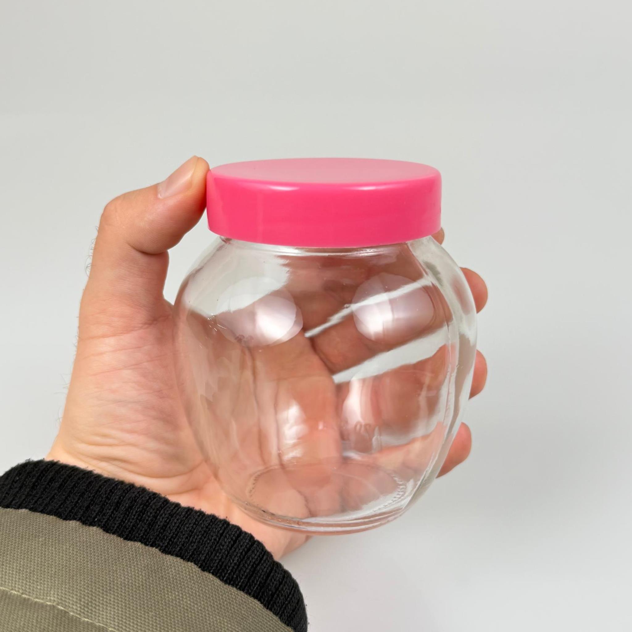 370 CC YUMURTA CAM KAVANOZ + PEMBE PLASTİK KAPAK - 370 ML PLASTİK KAPAKLI CAM KAVANOZ