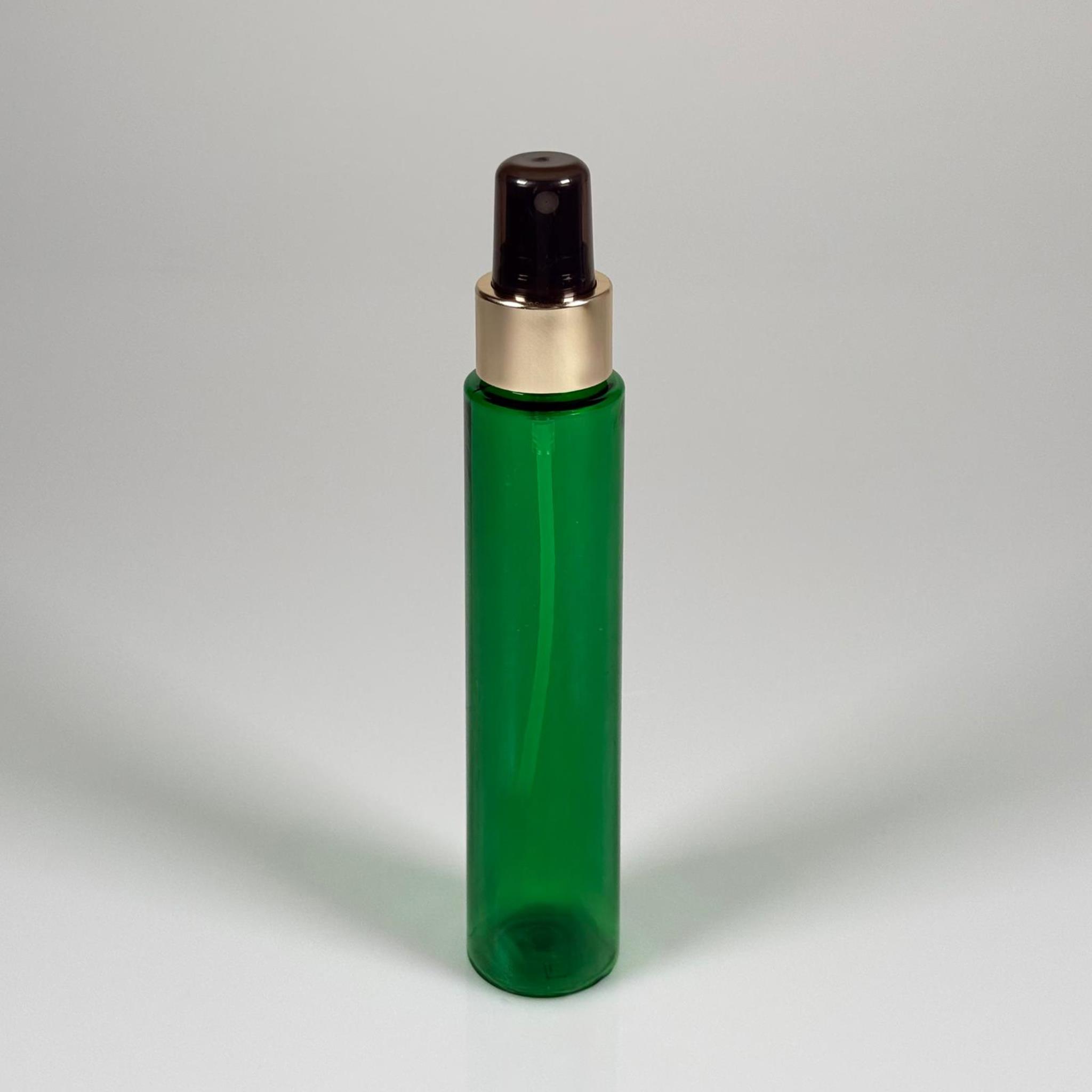100 CC UZUN SİLİNDİR YEŞİL PET ŞİŞE (24 GR)  - GOLD SPREYLİ - 100 ML BİBERİYE SUYU, LAVANTA YAĞI, SAÇ SERUM, TONİK VB İÇİN PLASTİK KOZMETİK AMBALAJLARI