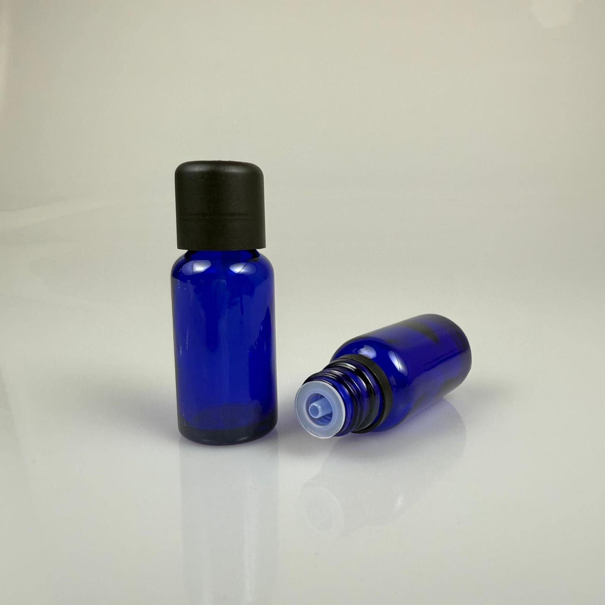 20 CC MAVİ CAM ŞİŞE + İÇTEN DAMLALIKLI ÇOCUK KİLİTLİ SİYAH KAPAK - MAVİ 20 ML KİLİT KAPAKLI DAMLATMALI ŞİŞE