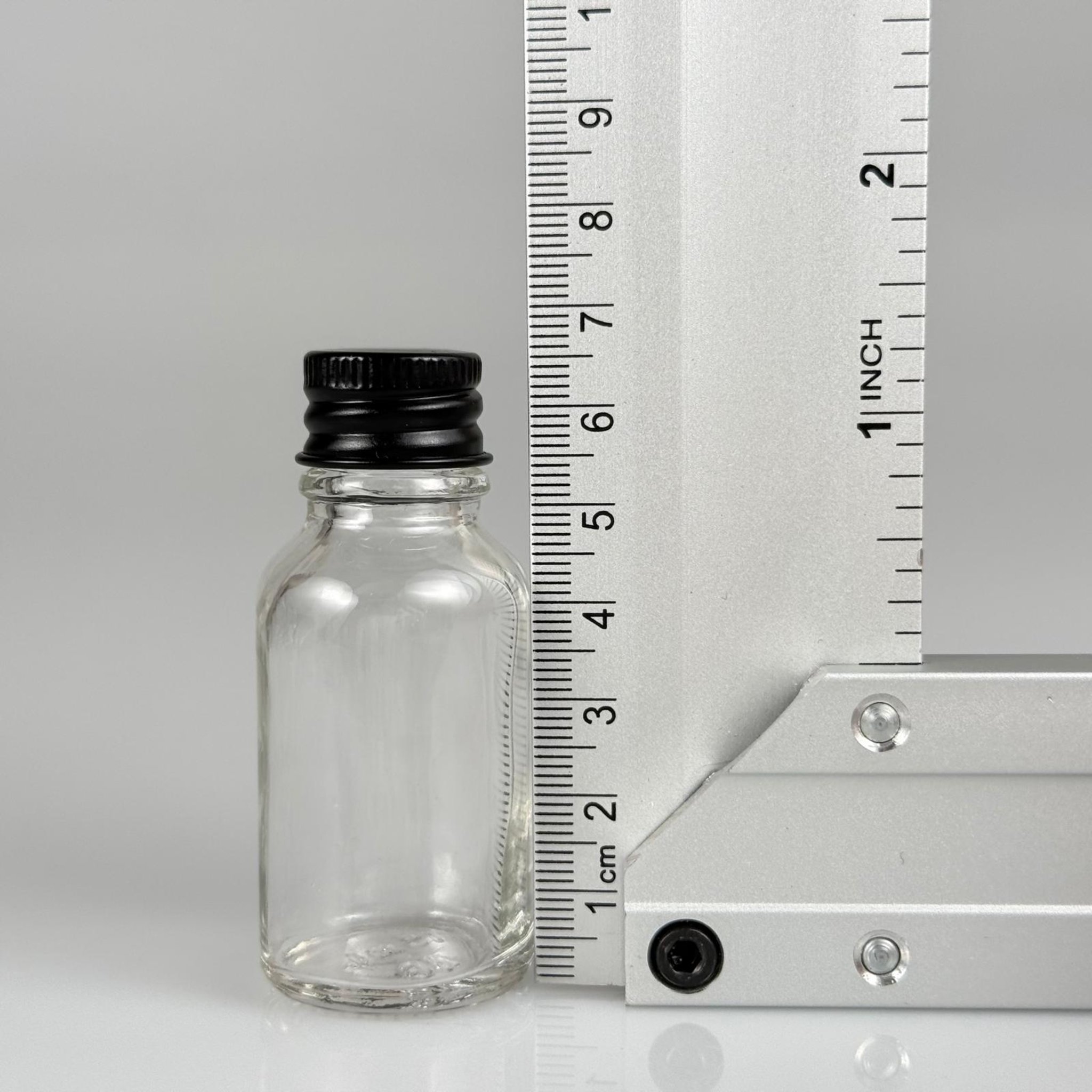 15 CC ŞEFFAF CAM ŞİŞE + KÖPÜK CONTALI SİYAH ALÜMİNYUM METAL KAPAKLI TAKIM - 15 ML ŞEFFAF CAM ŞİŞE