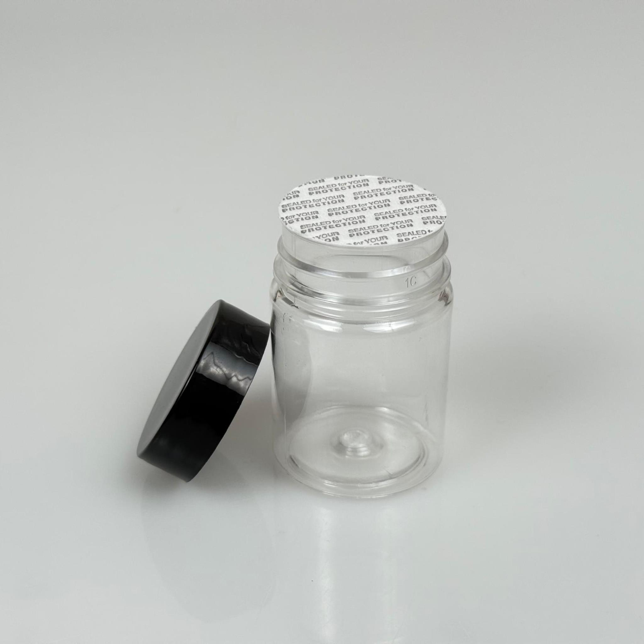 50 CC PET ŞİŞE GENİŞ AĞIZLI - SİYAH KAPAKLI + KENDİNDEN YAPIŞKANLI KÖPÜK CONTALI - 50 ML PLASTİK NUMUNE KAVANOZU, MİNİ TABLET KAVANOZU