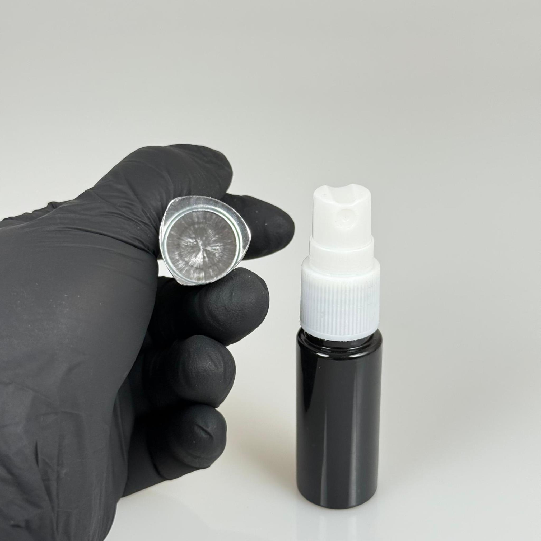 15 ML PET KOLONYA, PARFÜM VB ŞİŞELERİ - METAL ALÜMİNYUM GÜMÜŞ KAPAK + VİDALI SPREY + 15 CC SİYAH ŞİŞE SET TAKIM