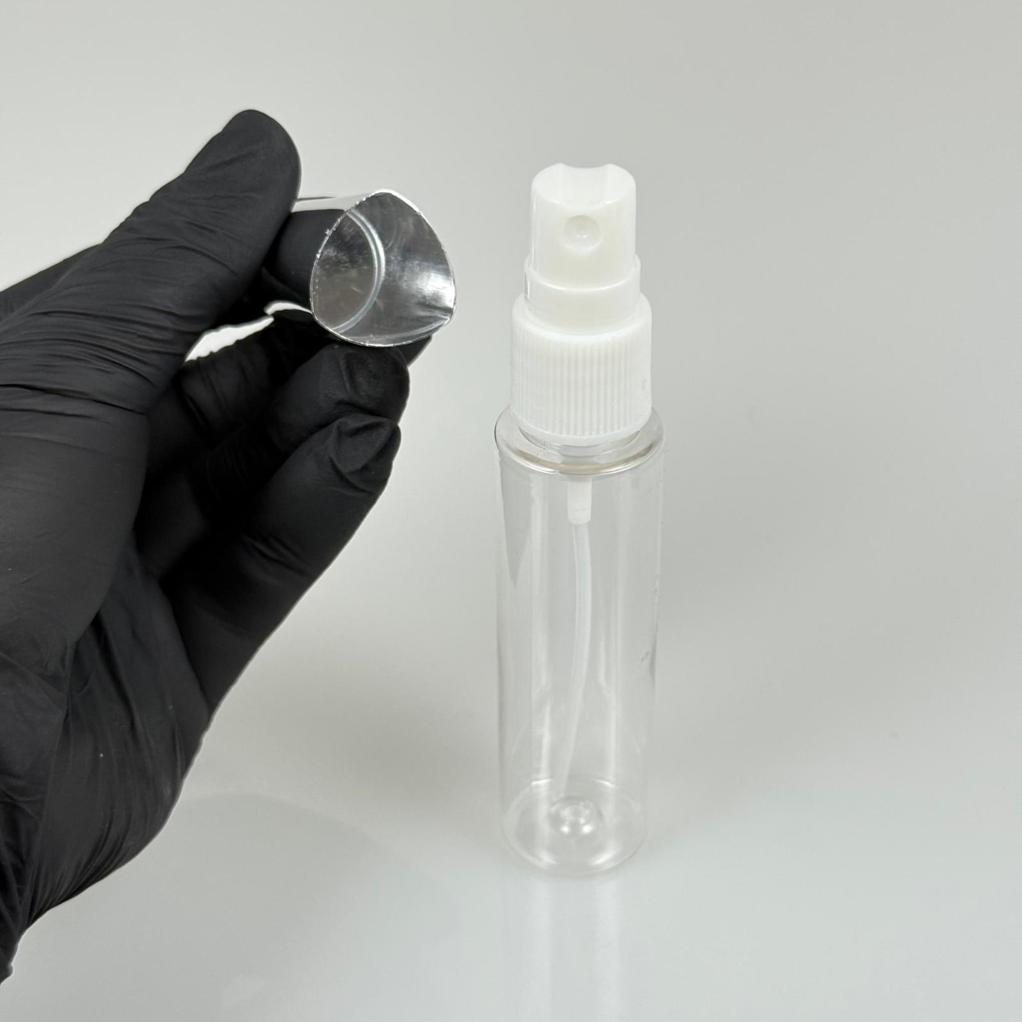 35 ML PET KOLONYA, PARFÜM VB ŞİŞELERİ - METAL ALÜMİNYUM GÜMÜŞ KAPAK + VİDALI SPREY + 35 CC ŞİŞE SET TAKIM