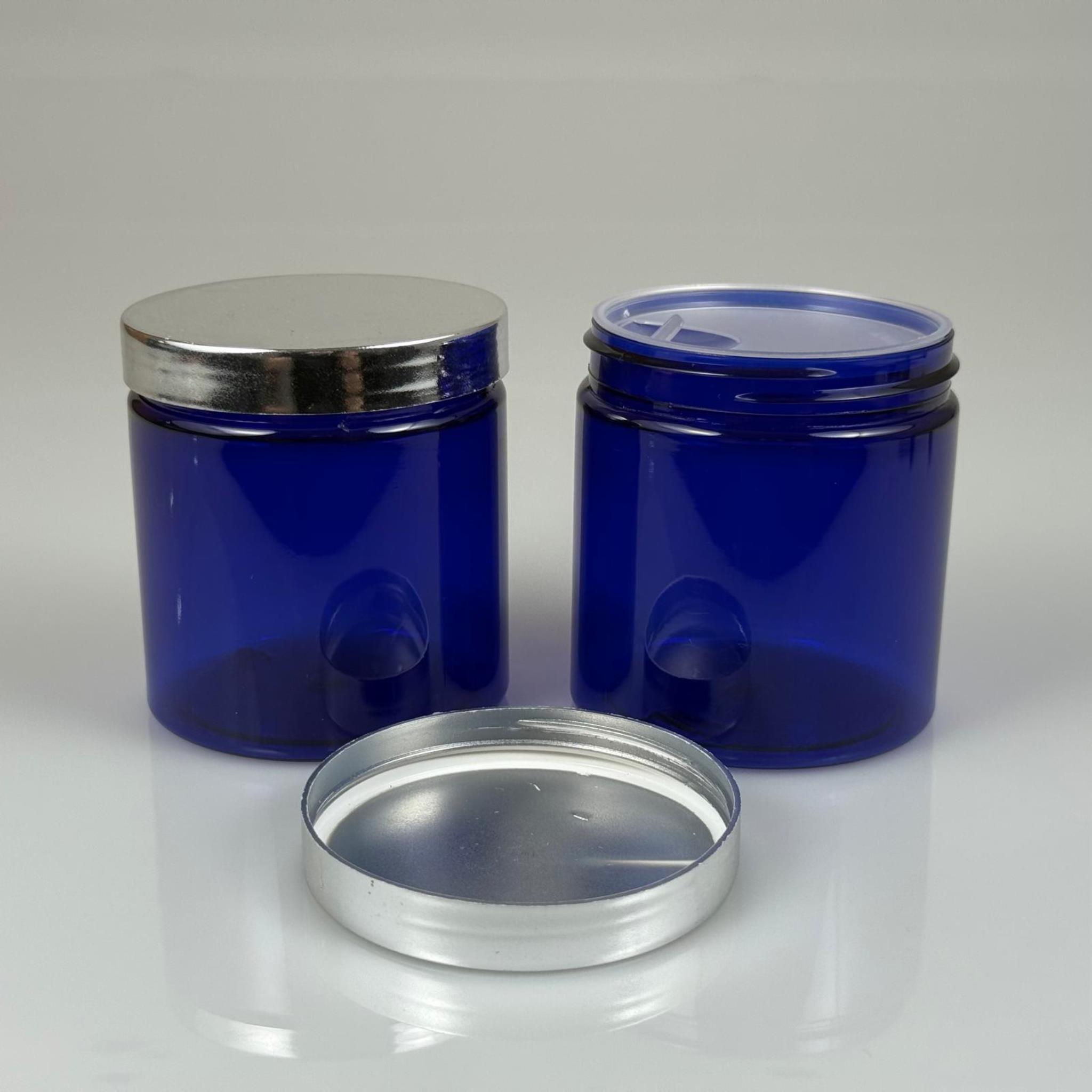 250 ML SERT PET KAVANOZ + GÜMÜŞ KAPLAMALI PLASTİK KAPAK + İÇ TIPA - 250 CC KALIN MAVİ PLASTİK KAVANOZ GÜMÜŞ KAPLAMALI PLASTİK KAPAKLI İÇ TIPALI TAKIM - KREM KAVANOZLARI