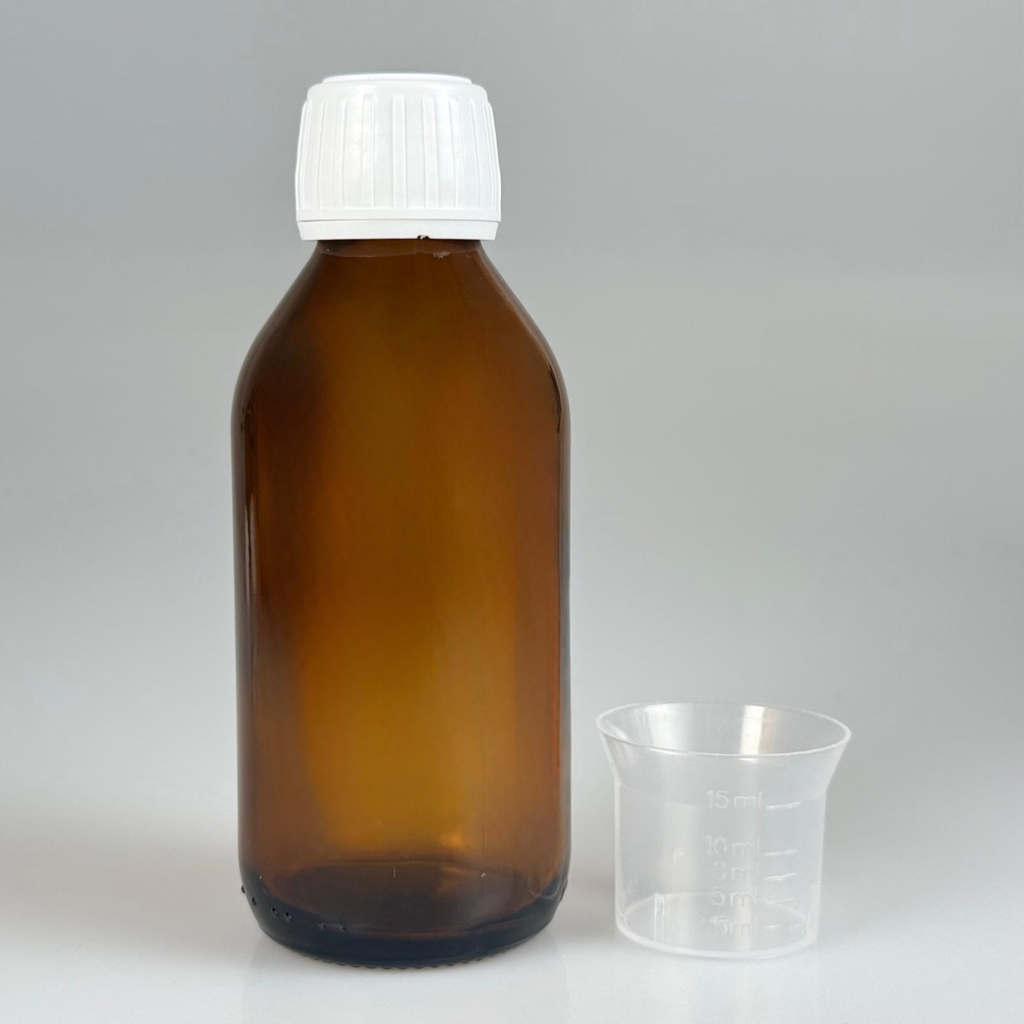 125 CC AMBER CAM ŞİŞE + BEYAZ KİLİTLİ KAPAKLI + 15 ML ÖLÇEK TAKIM - 125 ML KAHVERENGİ BOŞ ŞURUP ŞİŞESİ (AĞIZ ÇAPI 25 MM)