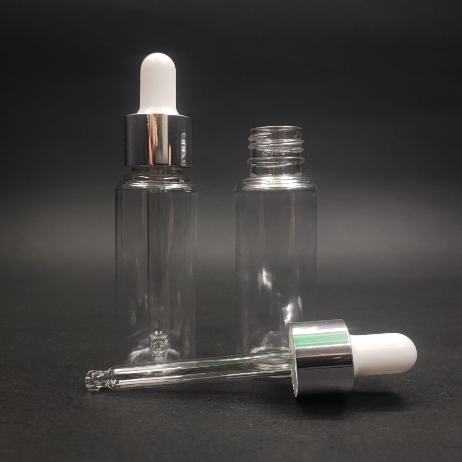 30 CC CAM DAMLALIKLI ŞEFFAF PLASTİK ŞİŞE - 30 ML DROPPER PET ŞİŞE + BEYAZ EMZİK + GÜMÜŞ KAPAK + CAM PİPET SET