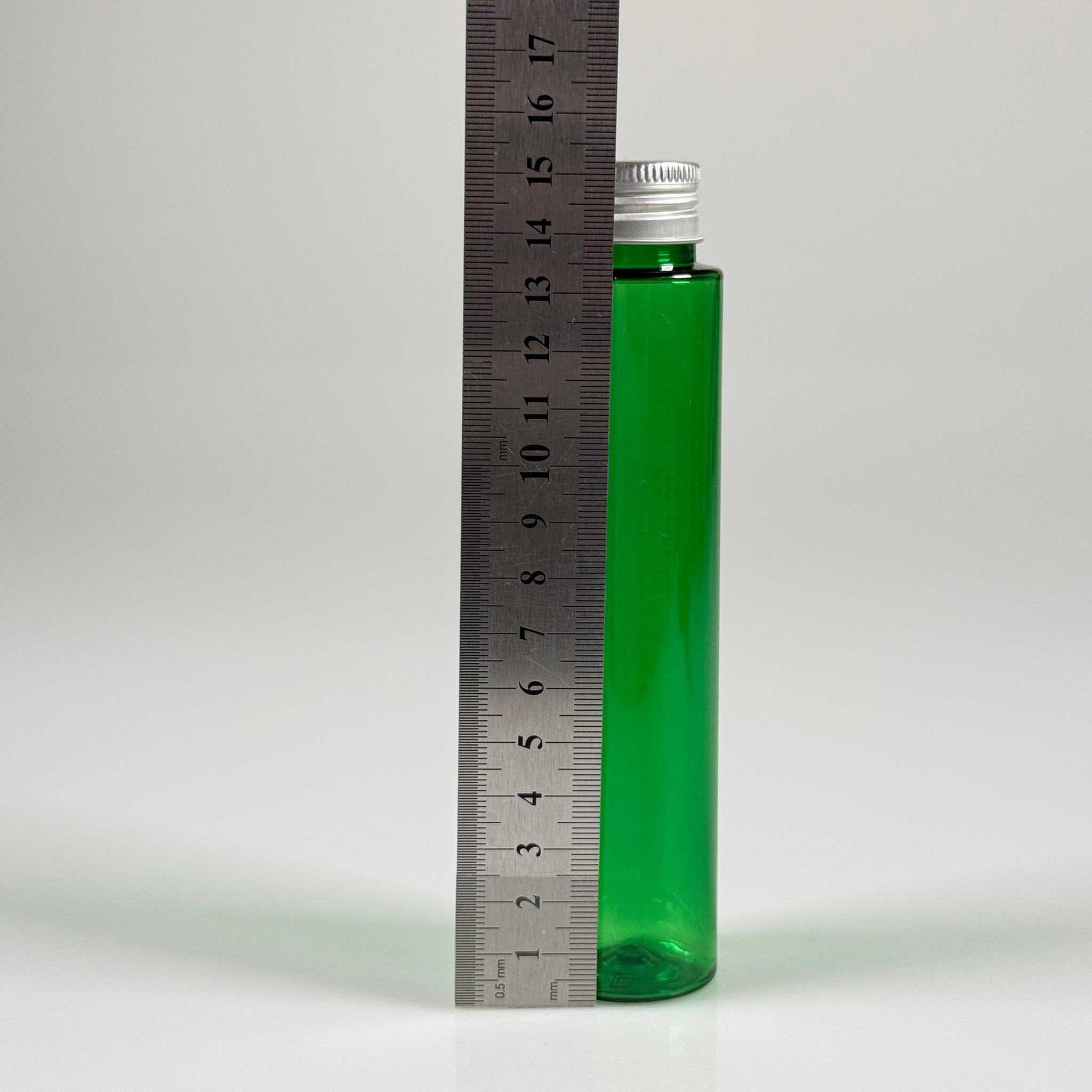 100 CC UZUN SİLİNDİR YEŞİL PET ŞİŞE (24 GR)  - CONTALI METAL GÜMÜŞ KAPAKLI - 100 ML BİBERİYE SUYU, LAVANTA YAĞI, SAÇ SERUM, TONİK VB İÇİN PLASTİK KOZMETİK AMBALAJLARI