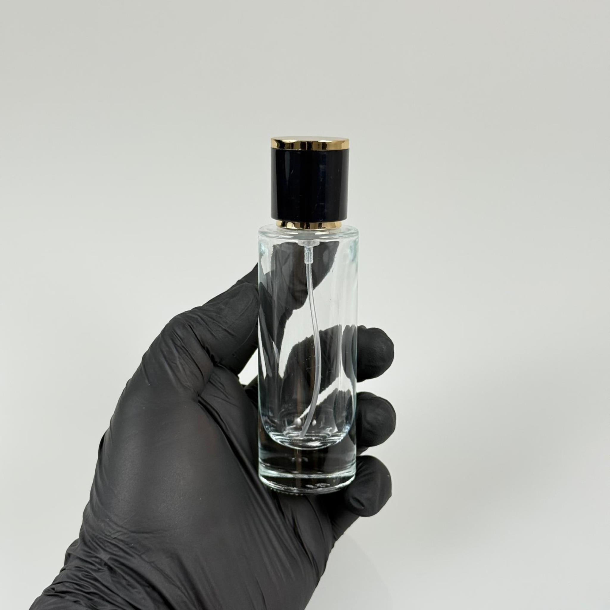 30 ML SİLİNDİR UZUN MODEL PARFÜM ŞİŞESİ - SİYAH METAL SPREYLİ + GOLD SİYAH KAPAKLI (AĞIZ 15 MM GEÇME KOLAY KAPAMA)