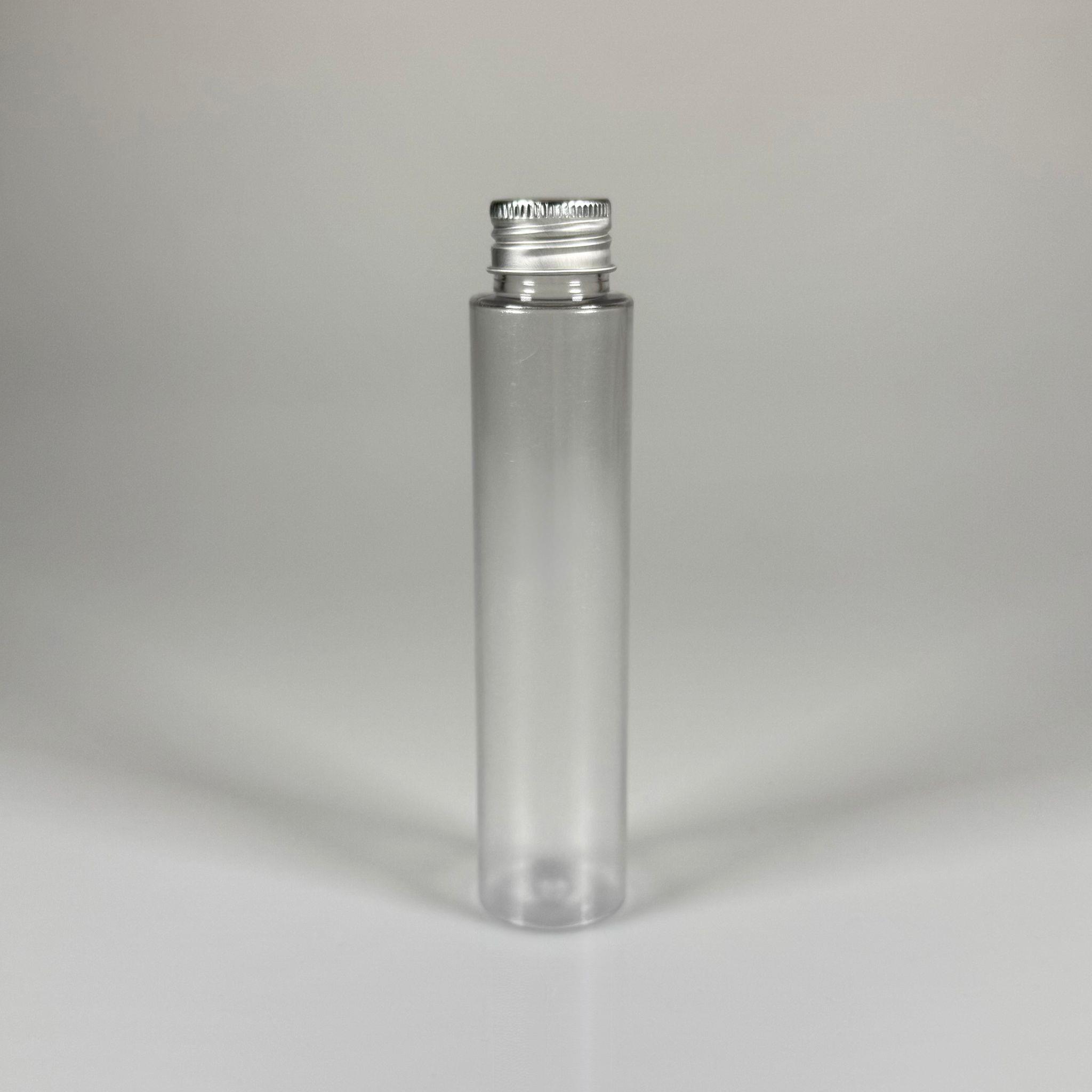 100 CC UZUN SİLİNDİR BUĞULU PET ŞİŞE (24 GR)  - CONTALI METAL GÜMÜŞ KAPAKLI - 100 ML BİBERİYE SUYU, LAVANTA YAĞI, SAÇ SERUM, TONİK VB İÇİN PLASTİK KOZMETİK AMBALAJLARI