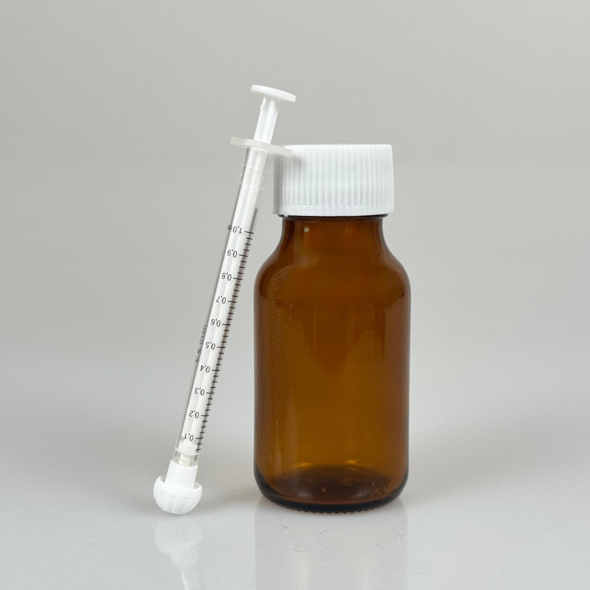 50 ML CAM ECZA ŞİŞESİ + 1 ML DOZAJ PİPETİ + DOZAJ TIPASI + CONTALI PLASTİK KAPAK TAKIM