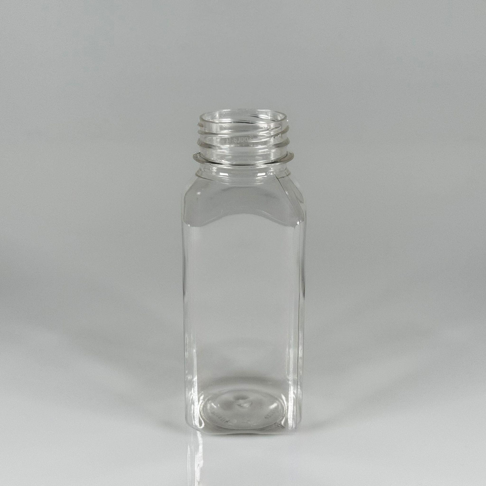 250 CC KÖŞELİ KARE PET ŞİŞE (18,5 GR) - 38 MM GENİŞ AĞIZLI KAPAKSIZ - 250 ML DETOX, MEYVE SUYU, SMOOTHIE, AYRAN, SÜT, MEŞRUBAT VB İÇİN BOŞ PLASTİK ŞİŞELER