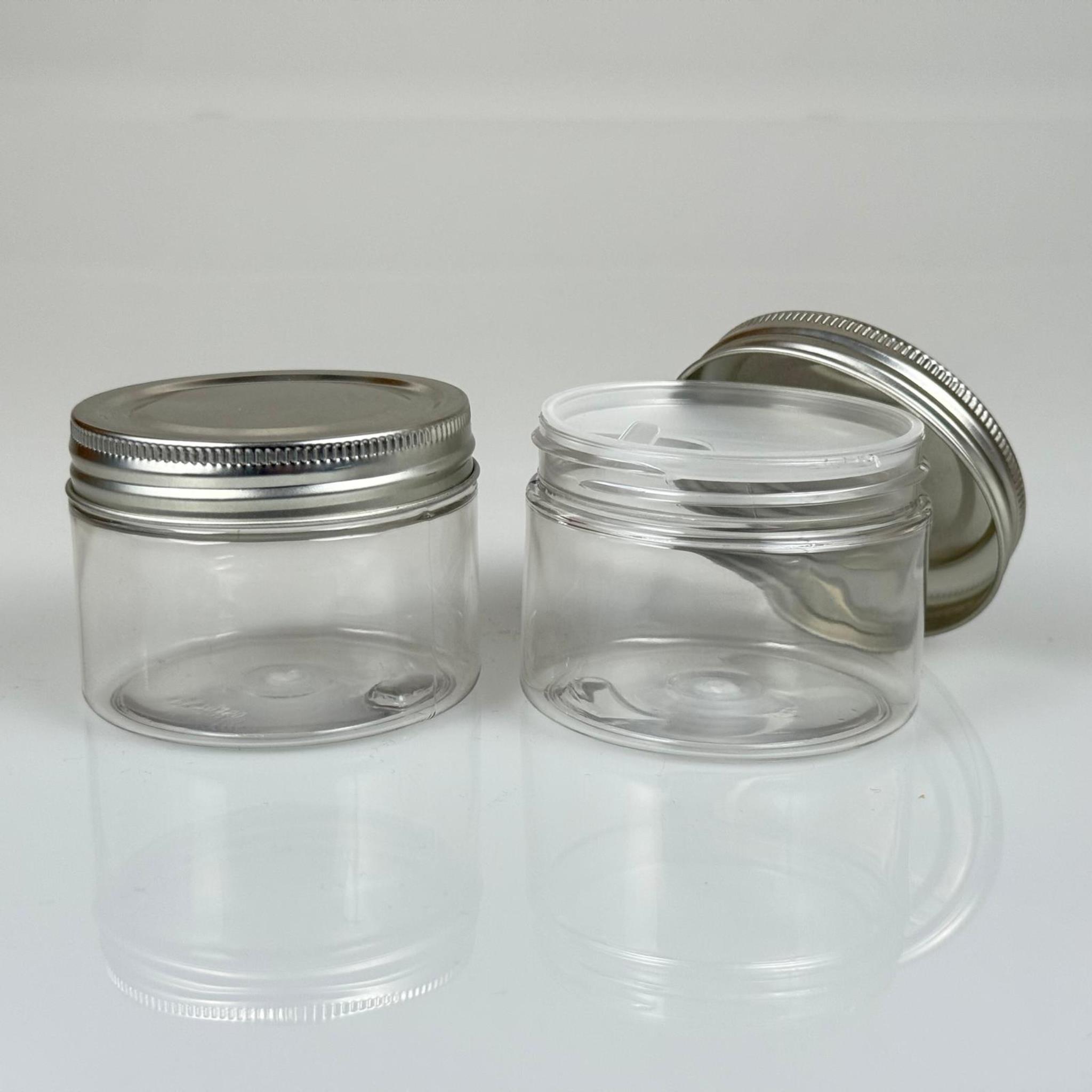 150 ML SERT PET KAVANOZ + GÜMÜŞ METAL KAPAK + İÇ TIPA - 150 CC KALIN ŞEFFAF PLASTİK KAVANOZ GÜMÜŞ METAL KAPAKLI İÇ TIPALI TAKIM - KREM KAVANOZLARI