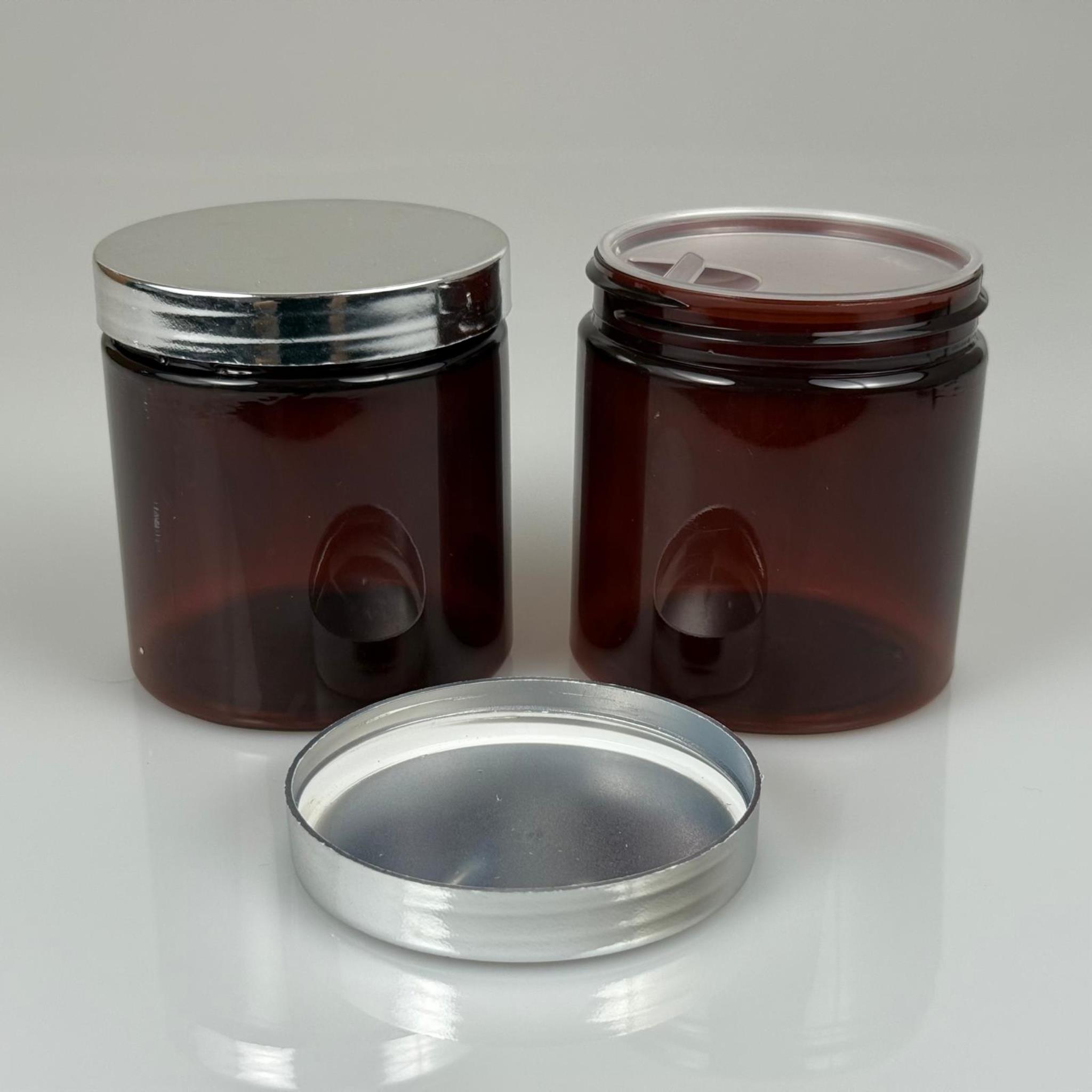 250 ML SERT PET KAVANOZ + GÜMÜŞ KAPLAMALI KAPAK + İÇ TIPA - 250 CC KALIN AMBER PLASTİK KAVANOZ GÜMÜŞ KAPLAMALI PLASTİK KAPAKLI İÇ TIPALI TAKIM - KREM KAVANOZLARI