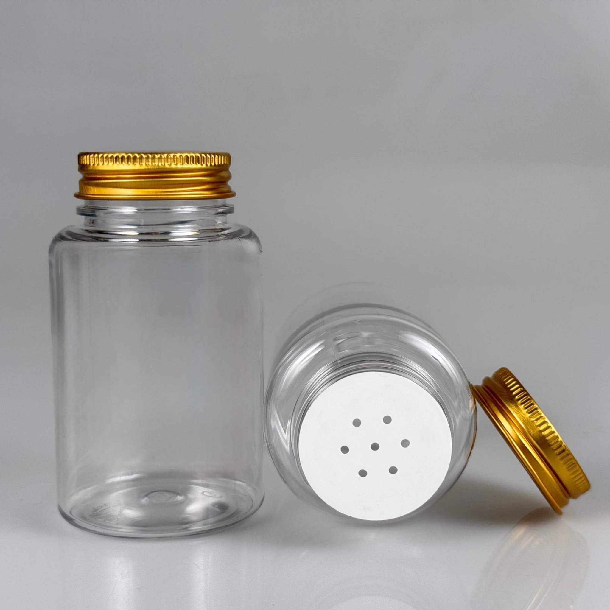 150 CC ŞEFFAF PET PUDRA ŞİŞESİ + KÖPÜK CONTALI GOLD METAL KAPAKLI + PUDRA TIPALI TAKIM - 150 ML PUDRA KUTUSU, EKO TUZLUK