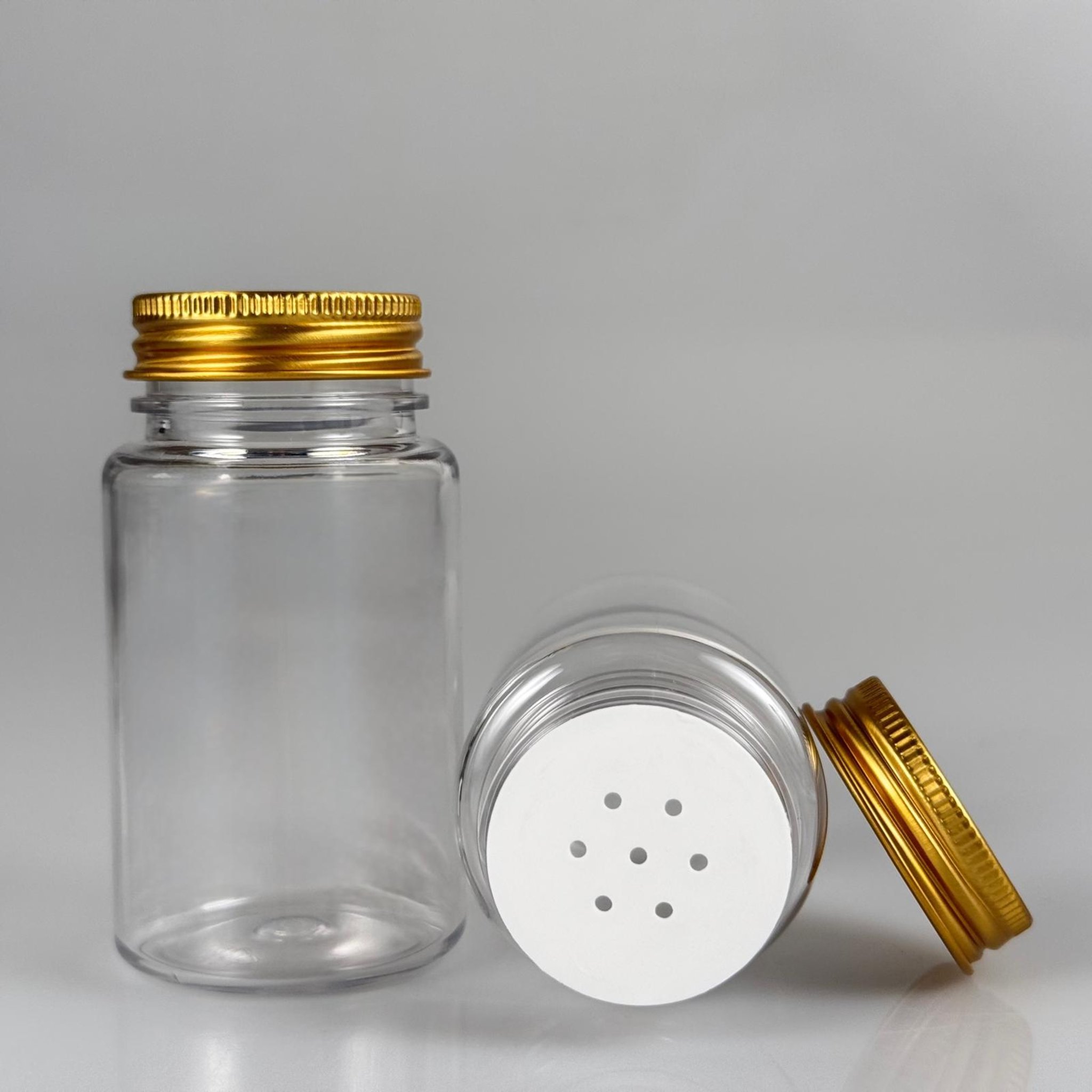 100 CC ŞEFFAF PET PUDRA ŞİŞESİ + KÖPÜK CONTALI GOLD METAL KAPKLI + PUDRA TIPALI TAKIM - 100 ML PUDRA KUTUSU, EKO TUZLUK