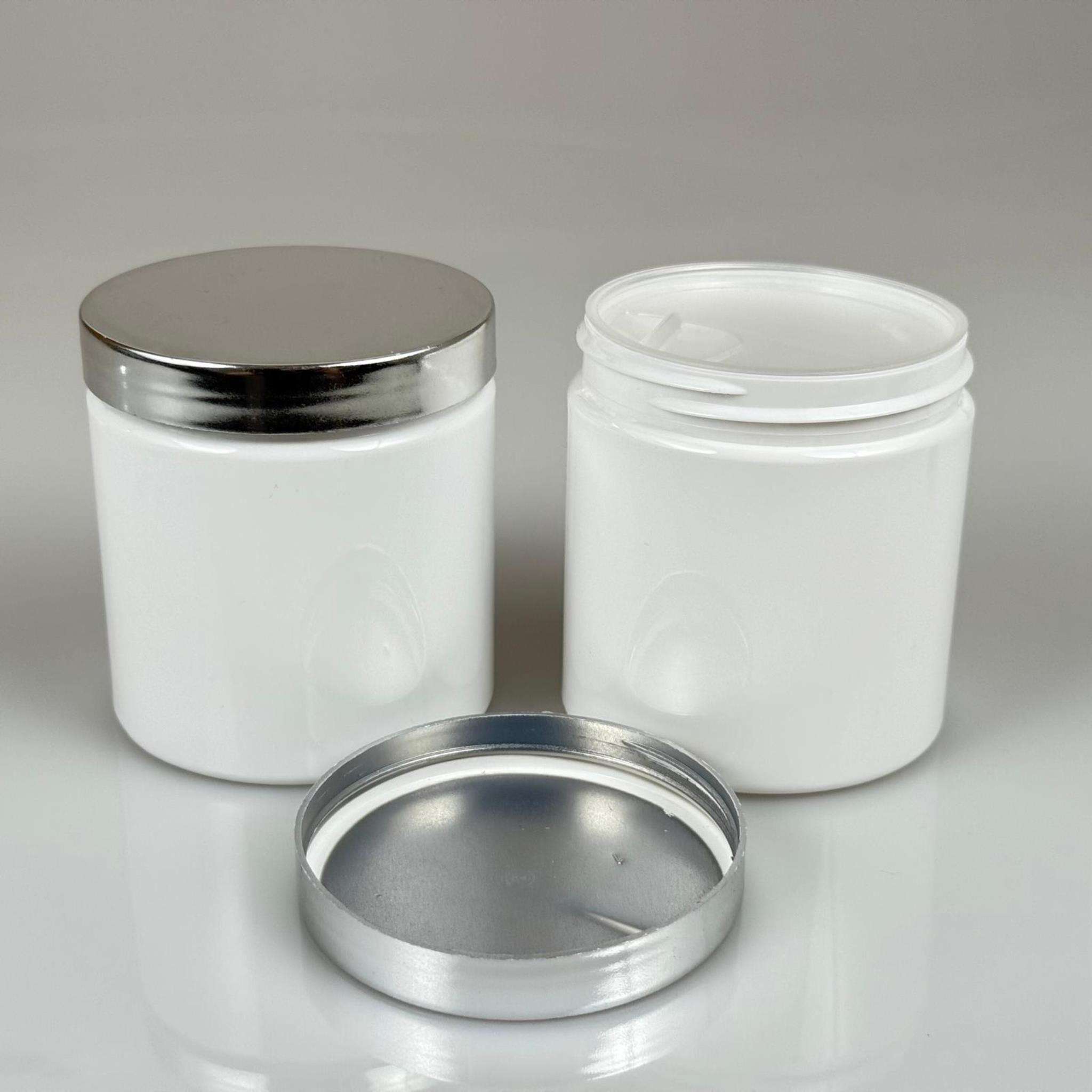 250 ML SERT PET KAVANOZ + GÜMÜŞ KAPLAMALI PLASTİK KAPAK + İÇ TIPA - 250 CC KALIN BEYAZ PLASTİK KAVANOZ GÜMÜŞ KAPLAMALI PLASTİK KAPAKLI İÇ TIPALI TAKIM - KREM KAVANOZLARI