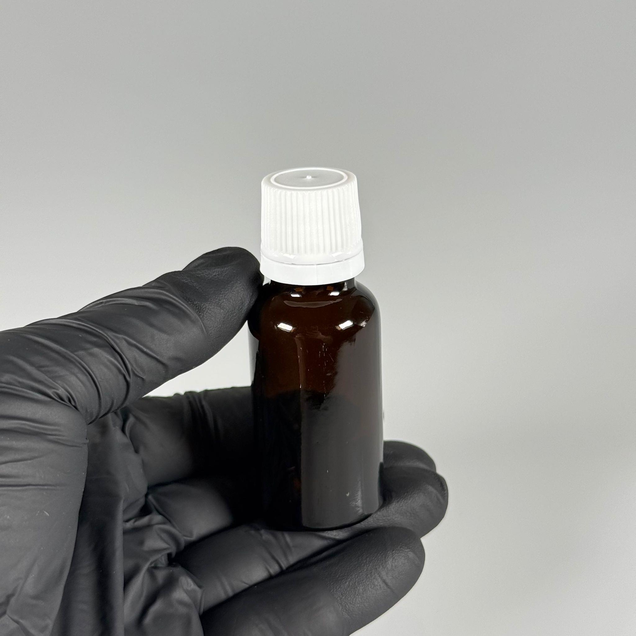 20 CC CAM AMBER KAHVERENGİ KİLİTLİ, KENDİNDEN CONTALI BEYAZ KAPAKLI - 20 ML DAR AĞIZLI İLAÇ ŞİŞESİ