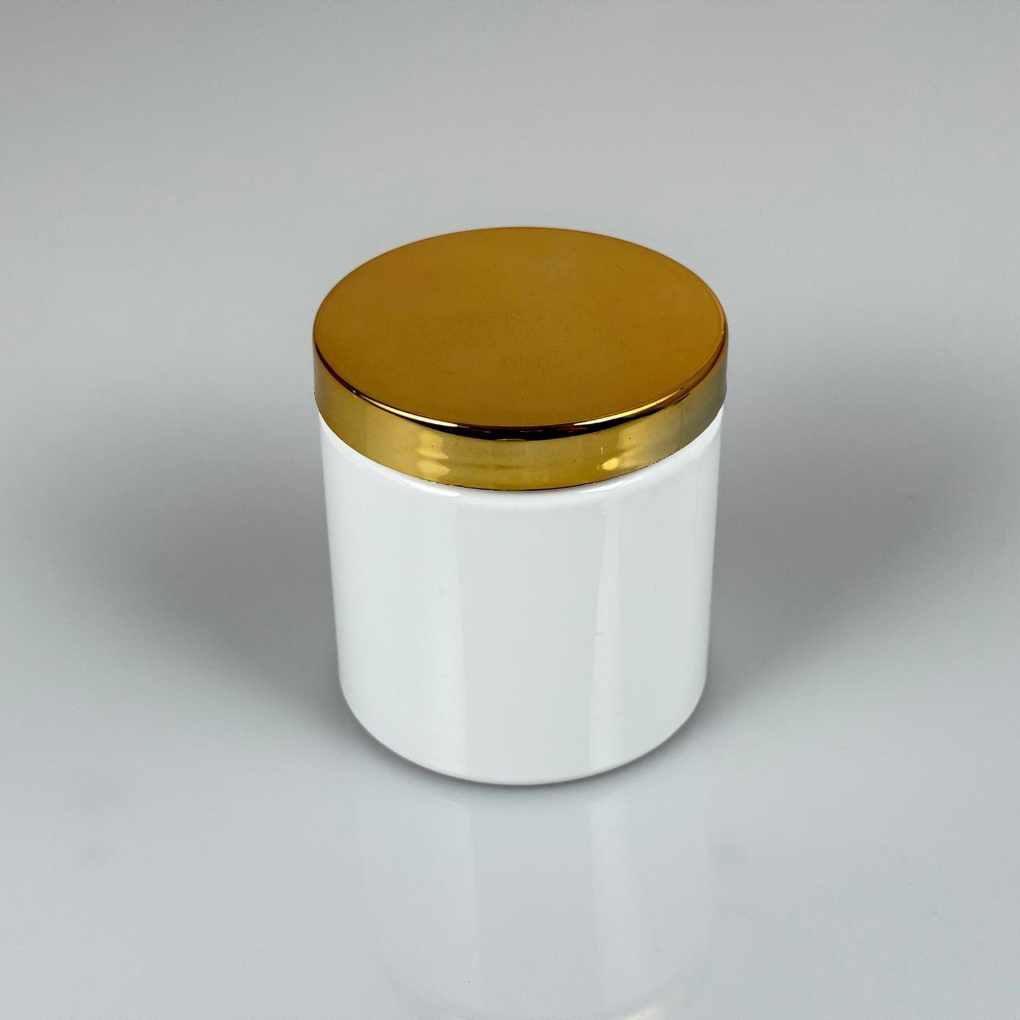 250 CC BEYAZ SERT PLASTİK KAVANOZ - GOLD KAPLAMALI PLASTİK KAPAKLI - 250 ML METAL KAPAKLI PLASTİK KAVANOZ - KOZMETİK KAVANOZ, GIDA KAVANOZU VE KREM KAVANOZU OLARAK KULLANABİLİRSİNİZ