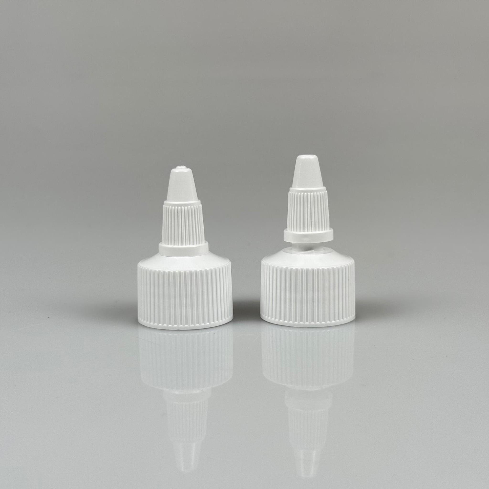 24 MM TWİST ASANSÖR SİVRİ BEYAZ KAPAK - ZEYTİNYAĞ, SOS, MÜREKKEP, ŞAMPUAN, TUTKAL KARTUŞ İÇİN AKITICILI PLASTİK KAPAK