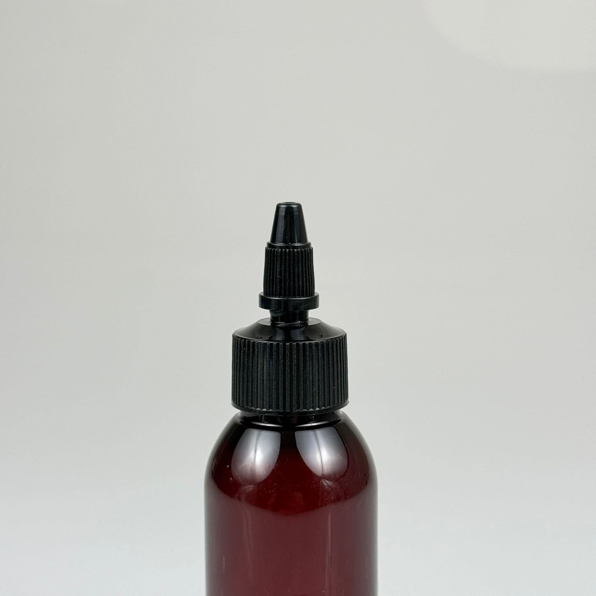 YAĞ, SOS, ACI SOS, SİRKE, SRIRACHA, MÜREKKEP, TUTKAL AKITICI VB BOŞ ŞİŞELERİ - SİYAH SİVRİ TWİST AKITICI KAPAK + 100 ML AMBER SERT PET PLASTİK ŞİŞE TAKIM