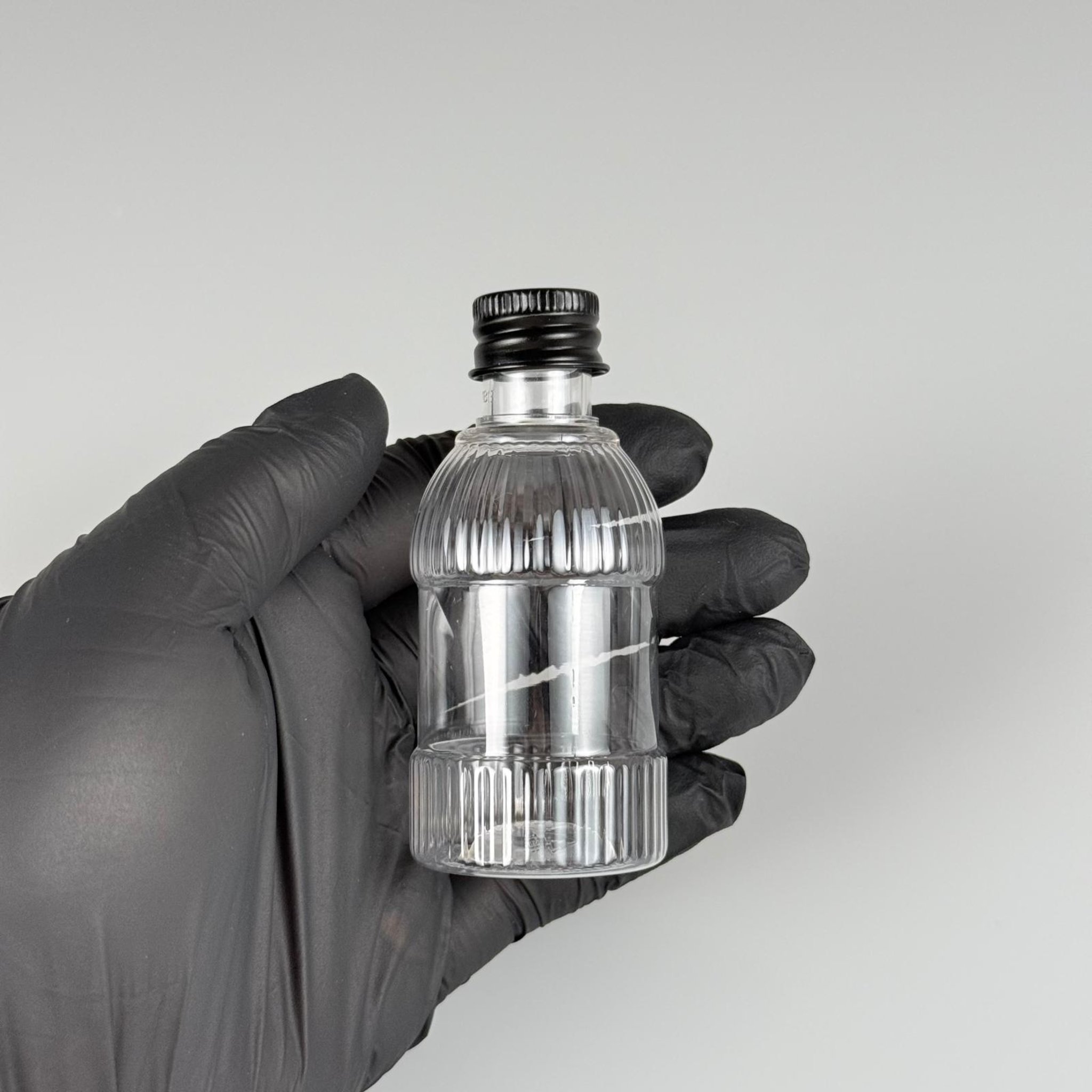 50 CC MANDALİNA MODEL PET ŞİŞE + KÖPÜK CONTALI SİYAH ALÜMİNYUM METAL KAPAKLI + KÖR TIPALI TAKIM - 50 ML TOMBUL PET ŞİŞE