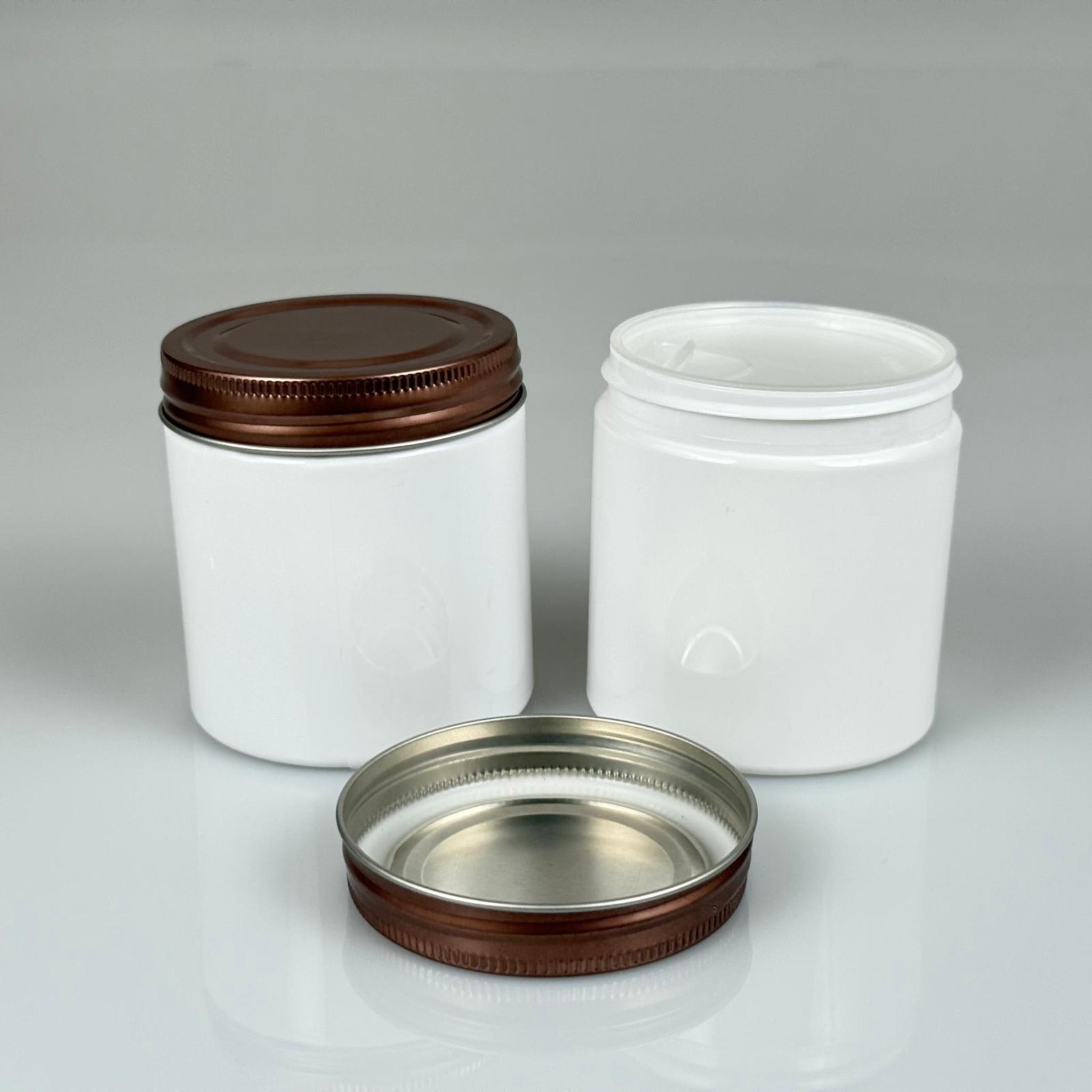 250 ML SERT PET KAVANOZ + BRONZ METAL KAPAK + İÇ TIPA - 250 CC KALIN BEYAZ PLASTİK KAVANOZ BRONZ METAL KAPAKLI İÇ TIPALI TAKIM - KREM KAVANOZLARI