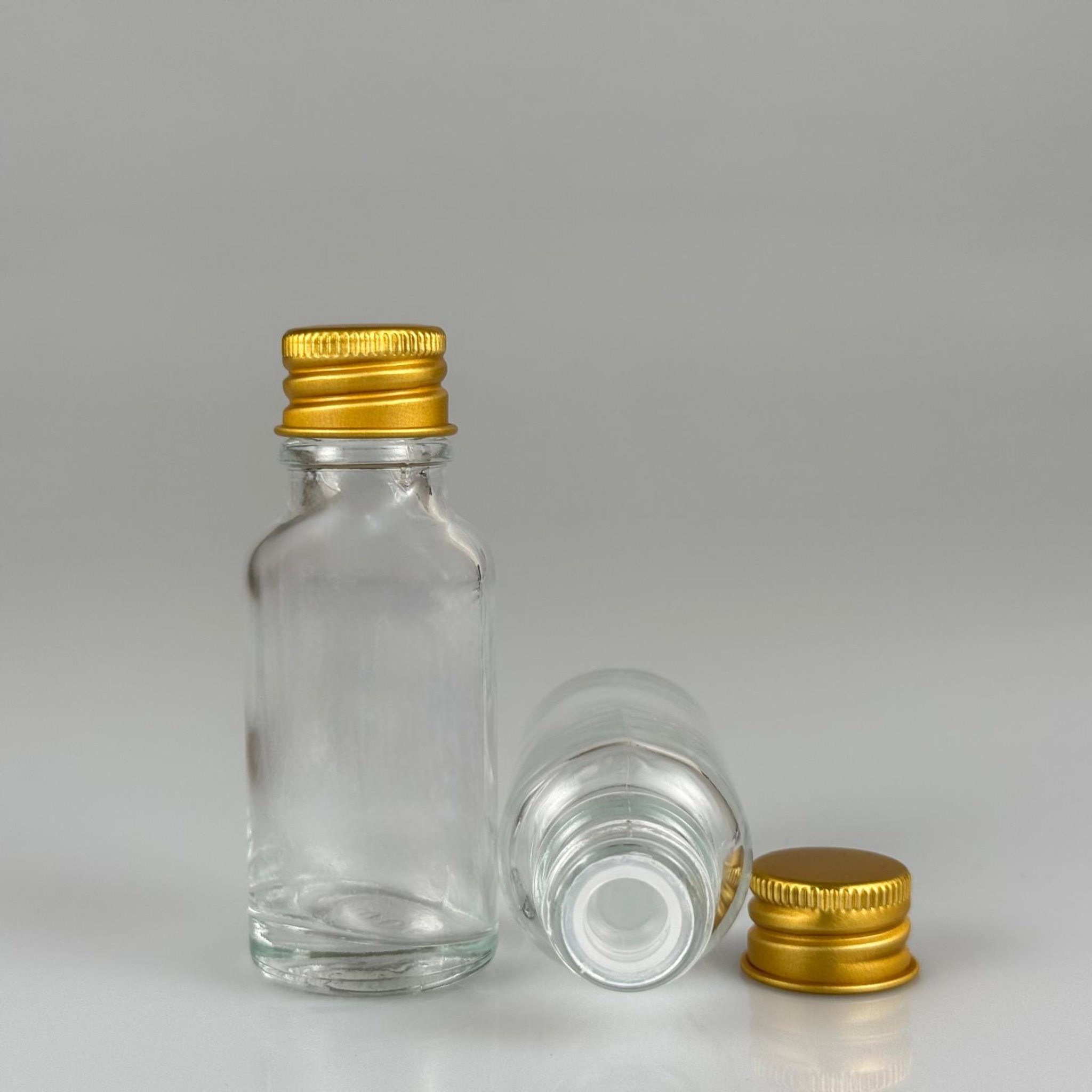 20 CC ŞEFFAF CAM ŞİŞE + KÖPÜK CONTALI GOLD ALÜMİNYUM METAL KAPAKLI + KÖR TIPALI TAKIM - 20 ML ŞEFFAF CAM ŞİŞE
