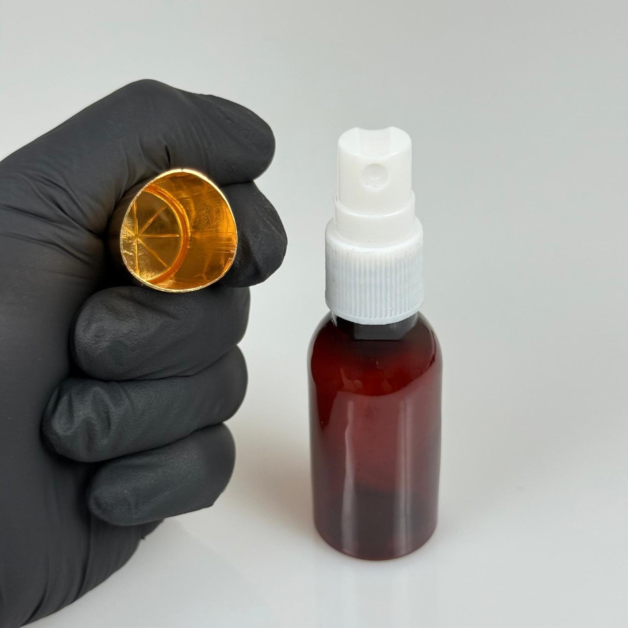 35 ML PET KOLONYA, PARFÜM VB ŞİŞELERİ - METAL ALÜMİNYUM GOLD KAPAK + VİDALI SPREY + 35 CC AMBER ŞİŞE SET TAKIM