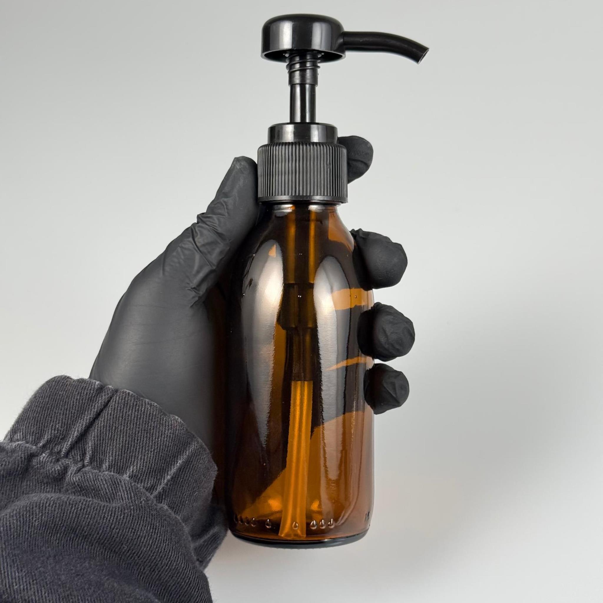 160 CC AMBER CAM ŞİŞE  - SİYAH ŞAMPUAN DOZAJ POMPALI TAKIM - 160 ML CAM SIVI LOSYON, YAĞ ŞİŞELERİ