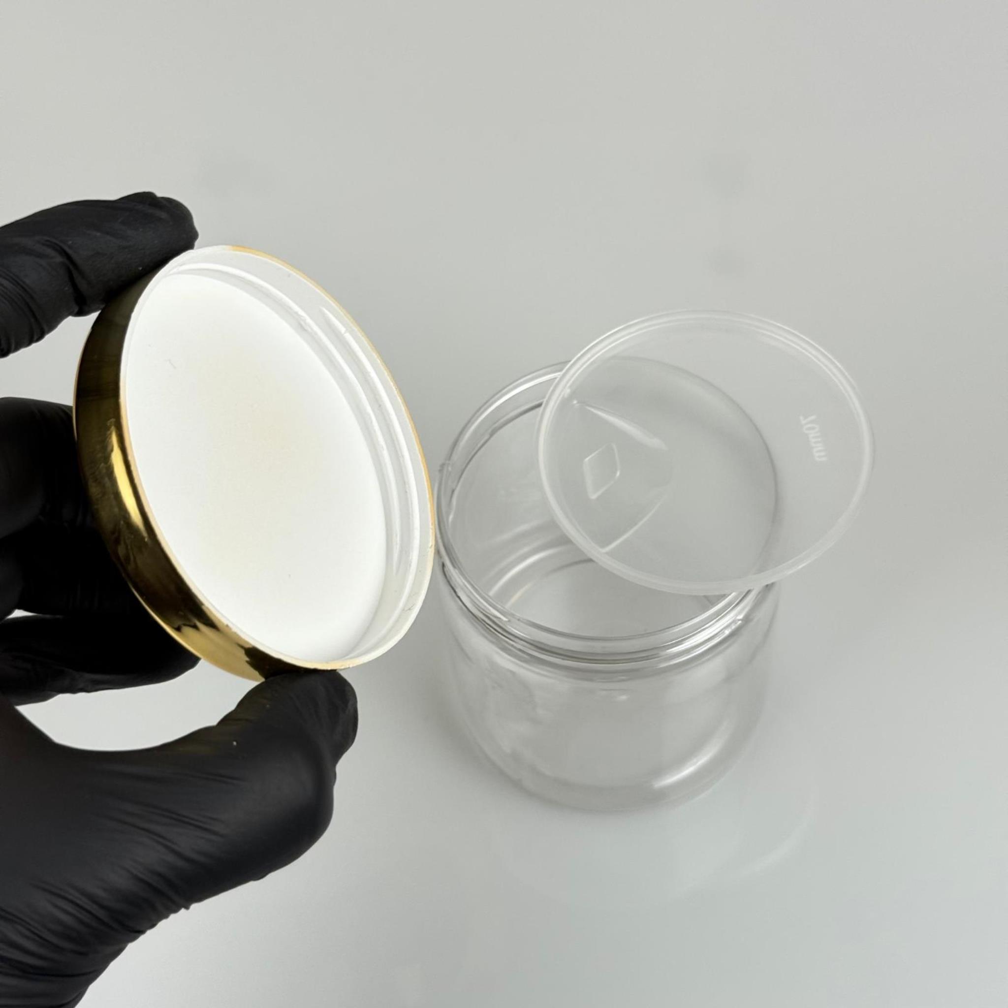250 ML SERT PET KAVANOZ + GOLD KAPLAMALI PLASTİK KAPAK + İÇ TIPA - 250 CC KALIN ŞEFFAF PLASTİK KAVANOZ GOLD KAPLAMALI PLASTİK KAPAKLI İÇ TIPALI TAKIM - KREM KAVANOZLARI