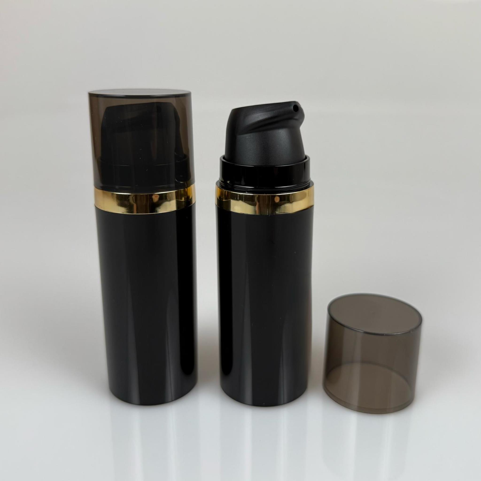 BOŞ KREM VE LOSYON ŞİŞESİ 50 ML BOŞ AİRLESS ŞİŞE - HAVASIZ POMPALI SİYAH - GOLD YALDIZLI AİRLESS ASANSÖR ŞİŞE - GÜNEŞ KREMİ , TONİK VB AMBALAJI