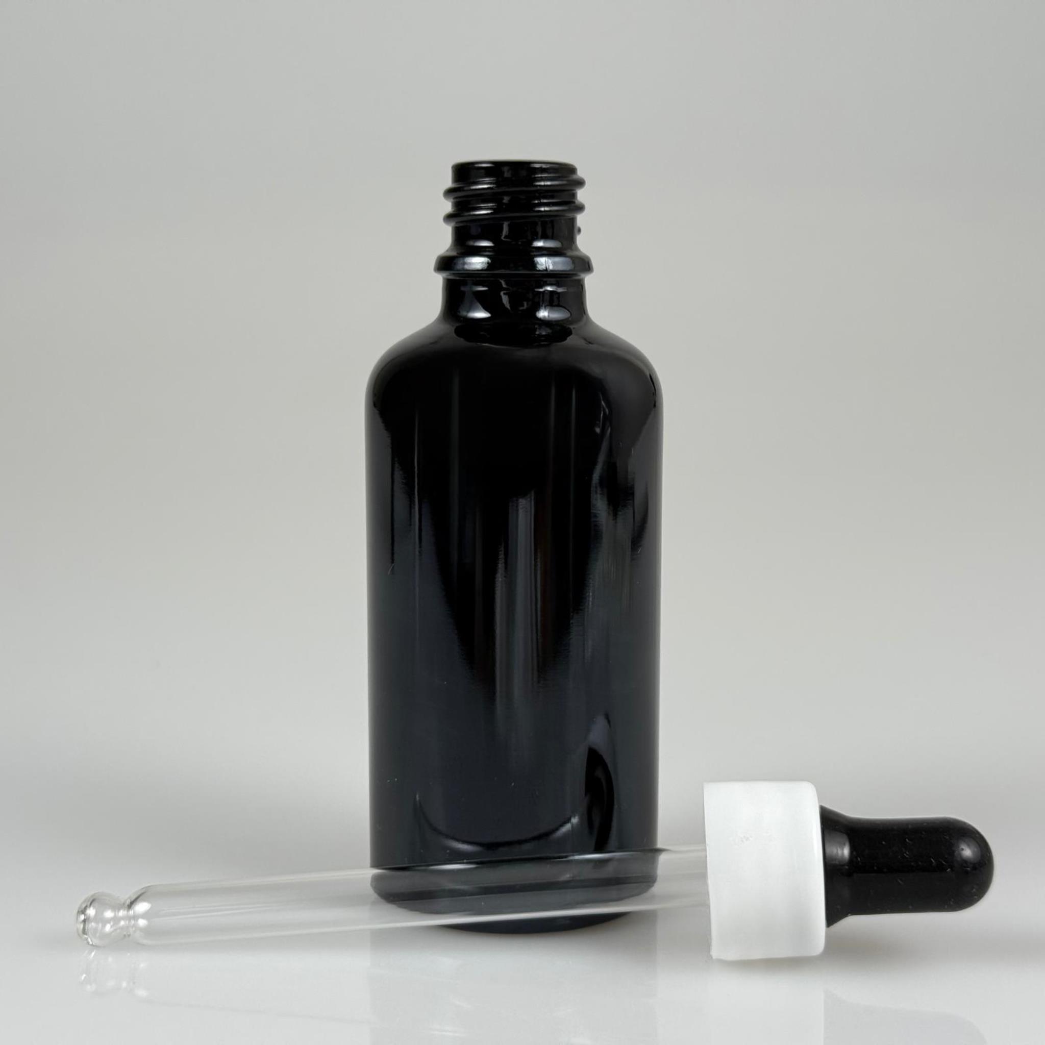 50 CC PARLAK SİYAH CAM DAMLALIKLI ŞİŞE - SİYAH EMZİK + BEYAZ DÜZ KAPAK + CAM PİPET TAKIM - 50 ML PARLAK SİYAH DAMLALIKLI ŞİŞE SETİ