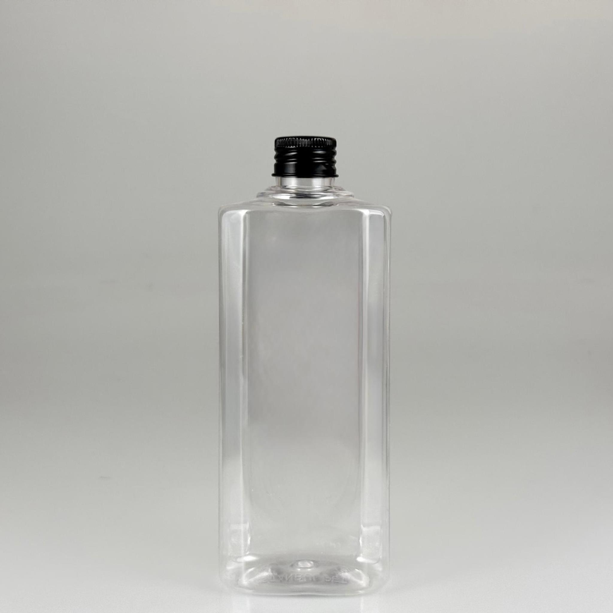 400 CC YASSI MODEL ŞEFFAF PET ŞİŞE (24 AĞIZ) + KÖPÜK CONTALI SİYAH METAL ALÜMİNYUM KAPAKLI TAKIM - 400 ML KAPAKLI PLASTİK ŞİŞELER